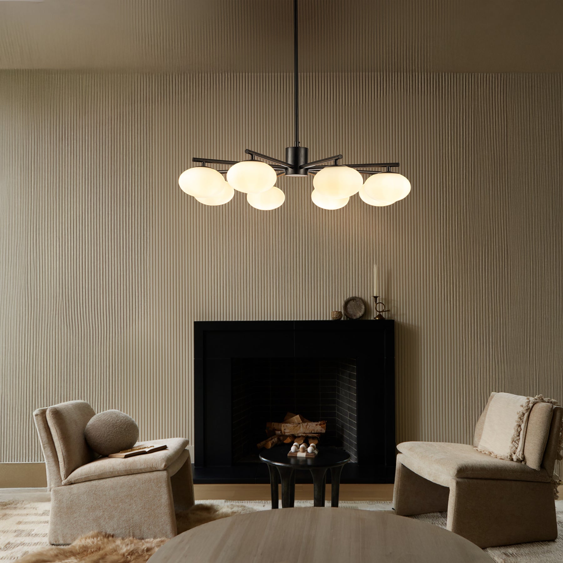 8-Light 32'' Matte Black Mid Century Modern Opal Glass Chandelier Classic Globe Pendant Light For Dining Room Living Room