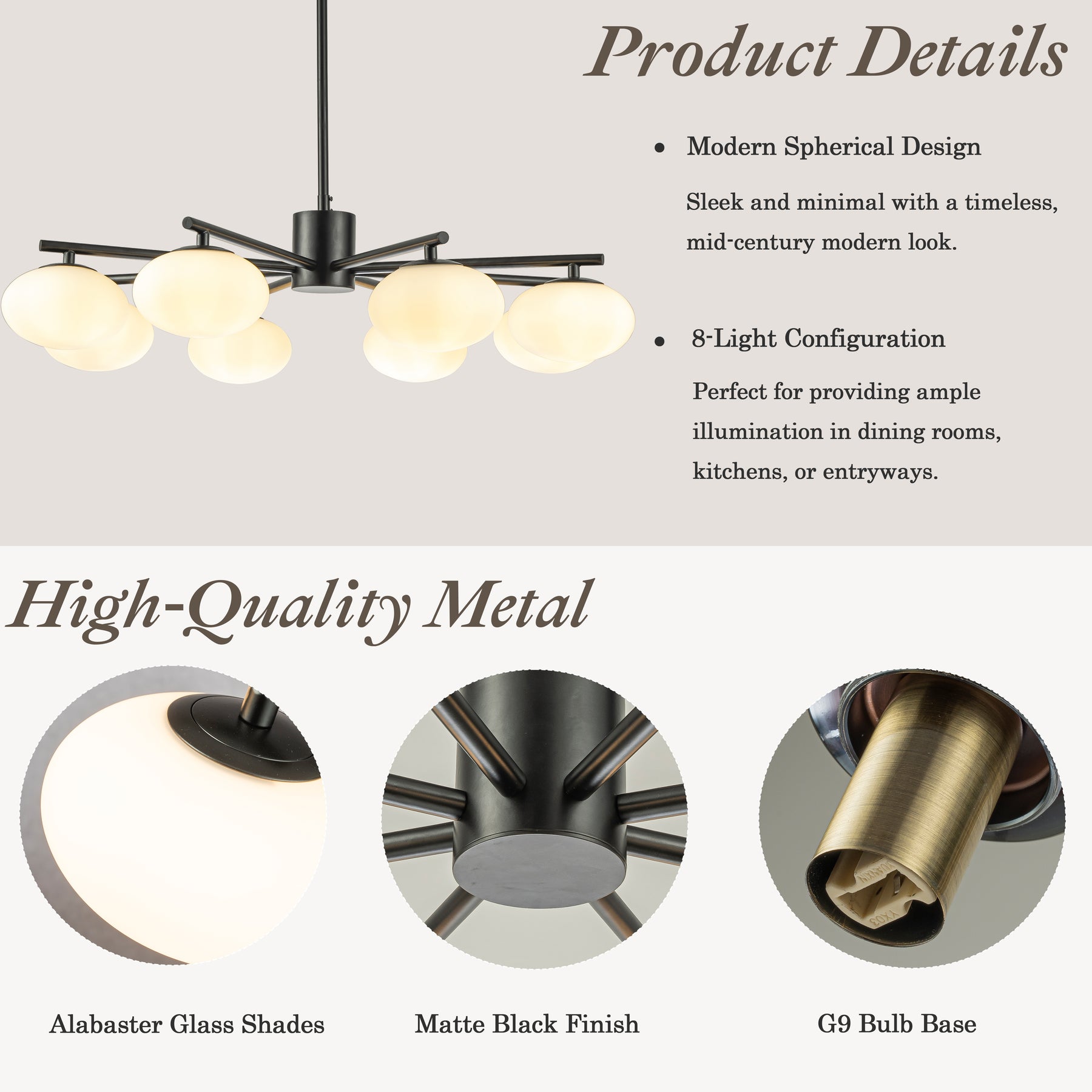 8-Light 32'' Matte Black Mid Century Modern Opal Glass Chandelier Classic Globe Pendant Light For Dining Room Living Room