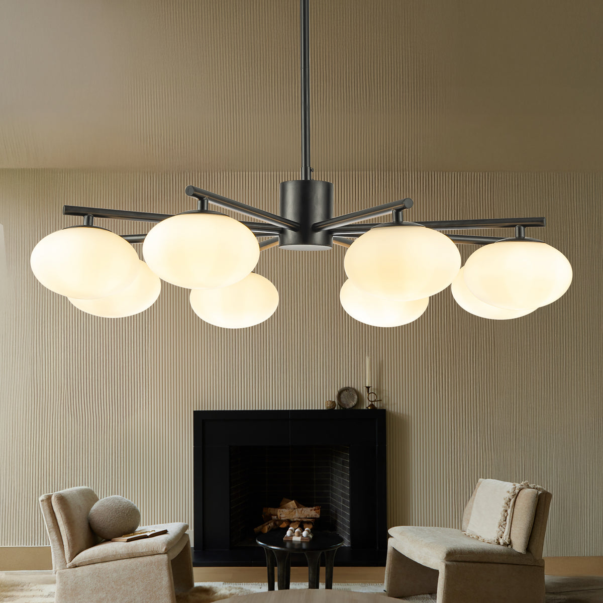 8-Light 32'' Matte Black Mid Century Modern Opal Glass Chandelier Classic Globe Pendant Light For Dining Room Living Room