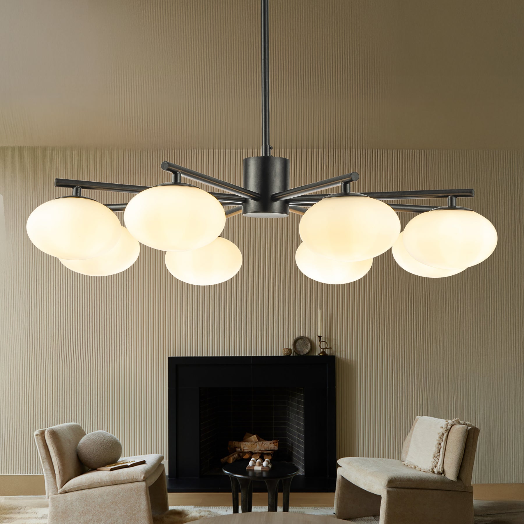 8-Light 32'' Matte Black Mid Century Modern Opal Glass Chandelier Classic Globe Pendant Light For Dining Room Living Room