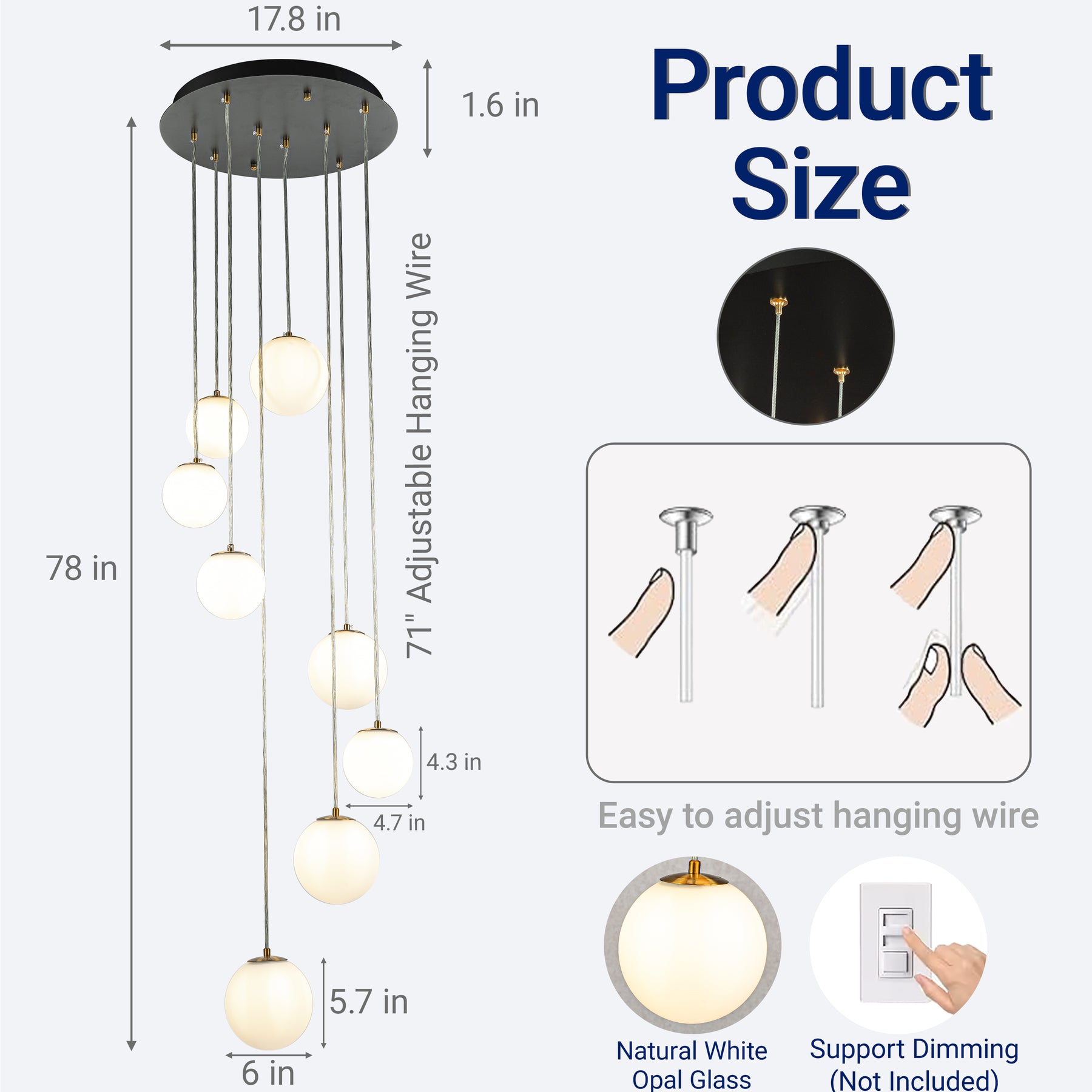18'' 8-Light Modern White Opal Glass Staircase Chandelier Globe Bubble Glass Pendant In Matte Black For Foyer Entryway