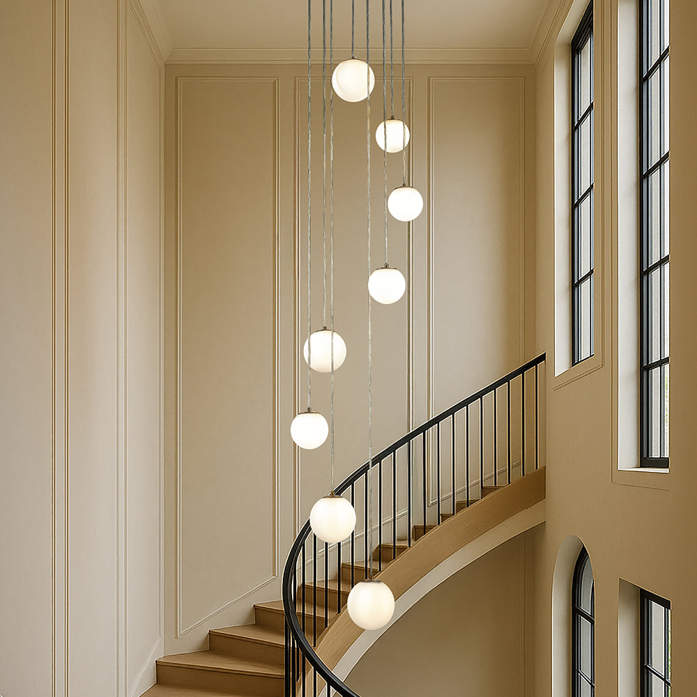 18'' 8-Light Modern White Opal Glass Staircase Chandelier Globe Bubble Glass Pendant In Matte Black For Foyer Entryway