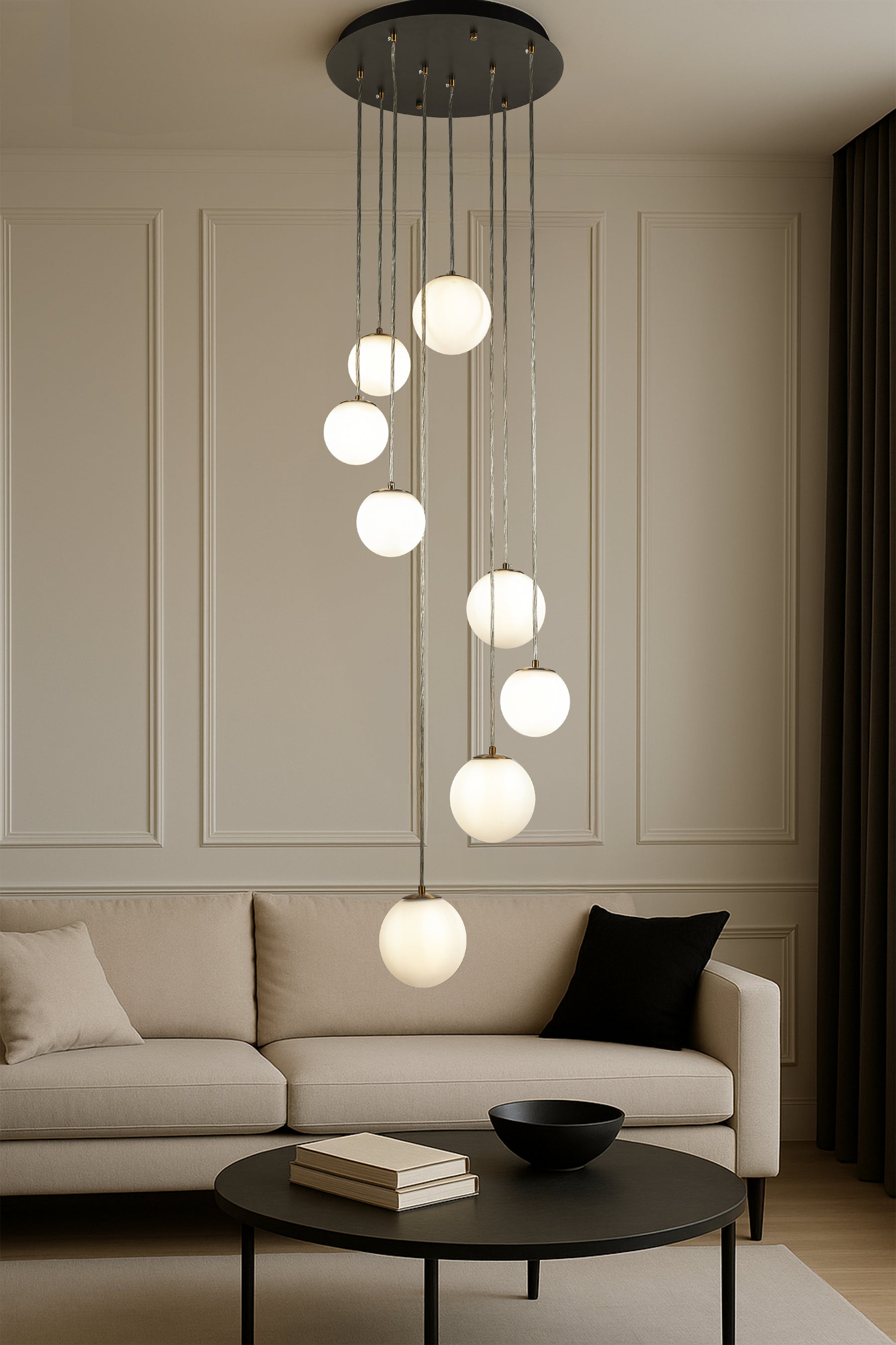 18'' 8-Light Modern White Opal Glass Staircase Chandelier Globe Bubble Glass Pendant In Matte Black For Foyer Entryway