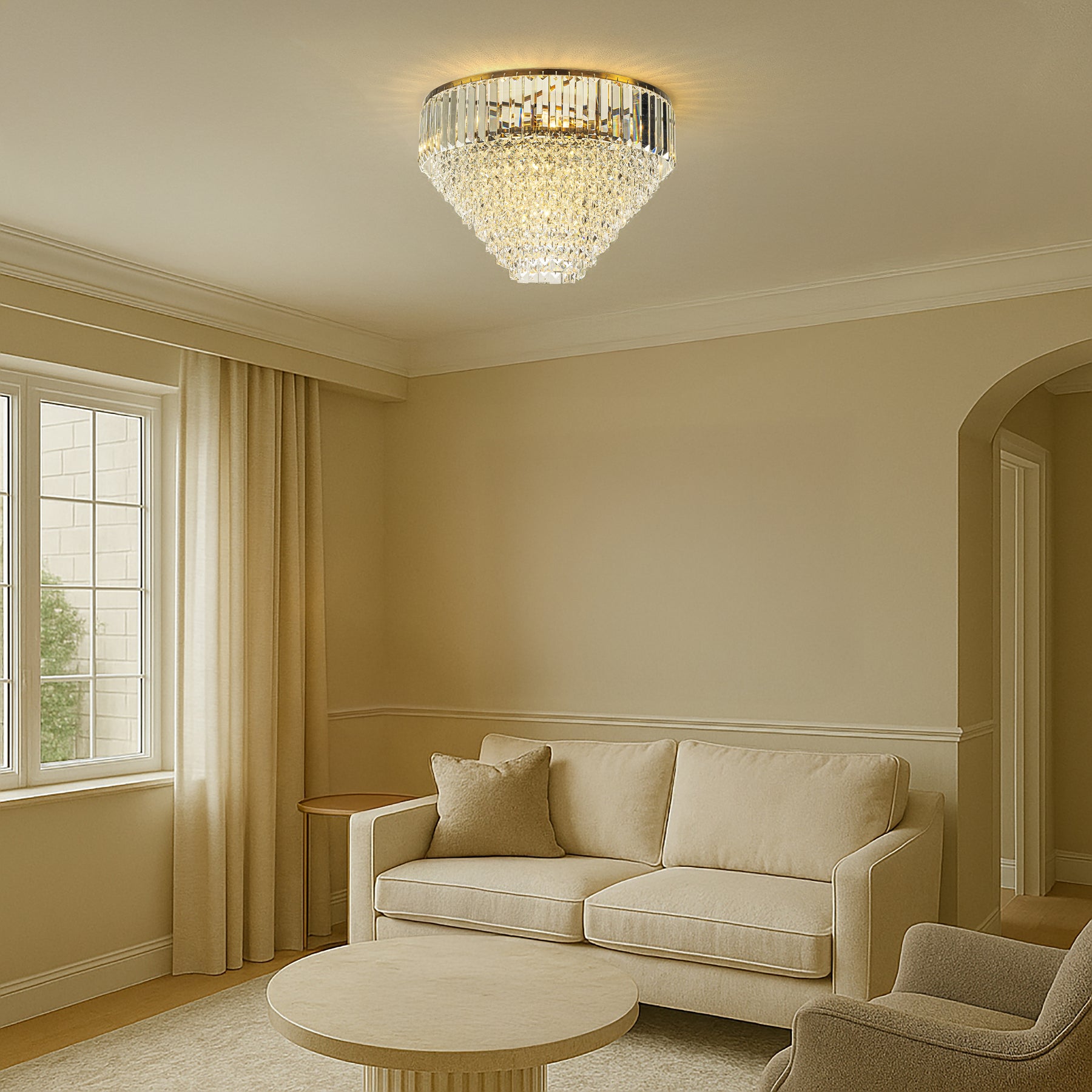 5 Lights 20" Modern Glam Antique Gold Crystal Tiered Flush Mount Luxury Ceiling Light For Dining Room & Bedroom & Entryway