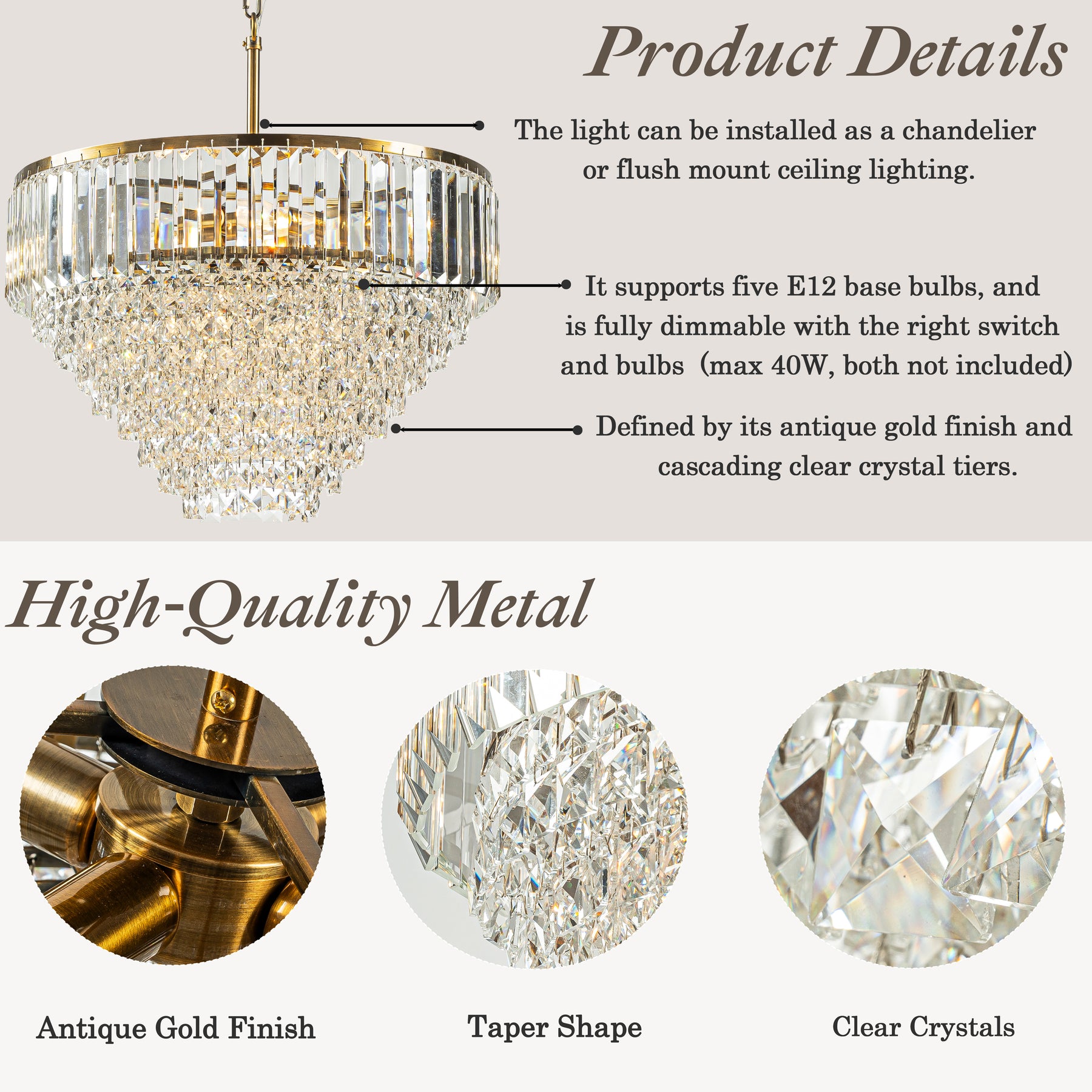 5 Lights 20" Modern Glam Antique Gold Crystal Tiered Chandelier Luxury Ceiling Light For Dining Room & Bedroom & Entryway