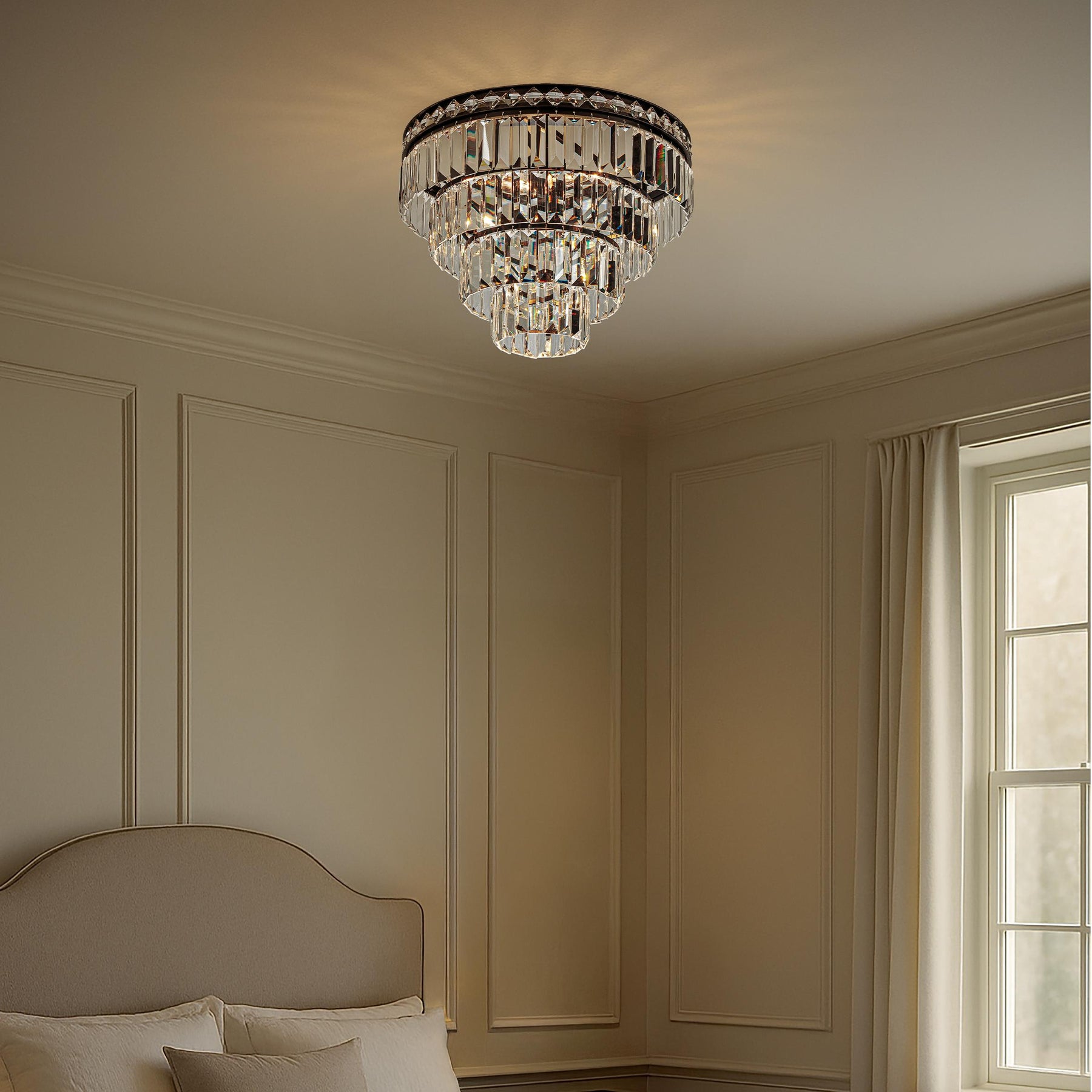 18'' Modern Classic Crystal Flush Mount With Matte Black Finish 4-Light Tiered Ceiling Light For Dining Room Foyer Bedroom