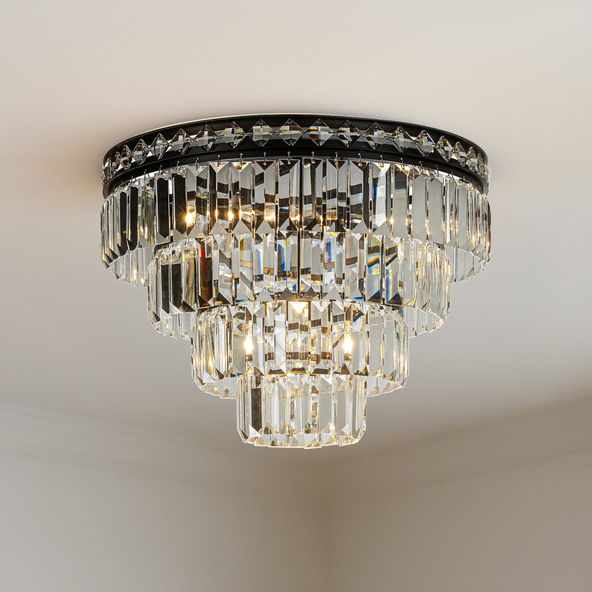18'' Modern Classic Crystal Flush Mount With Matte Black Finish 4-Light Tiered Ceiling Light For Dining Room Foyer Bedroom