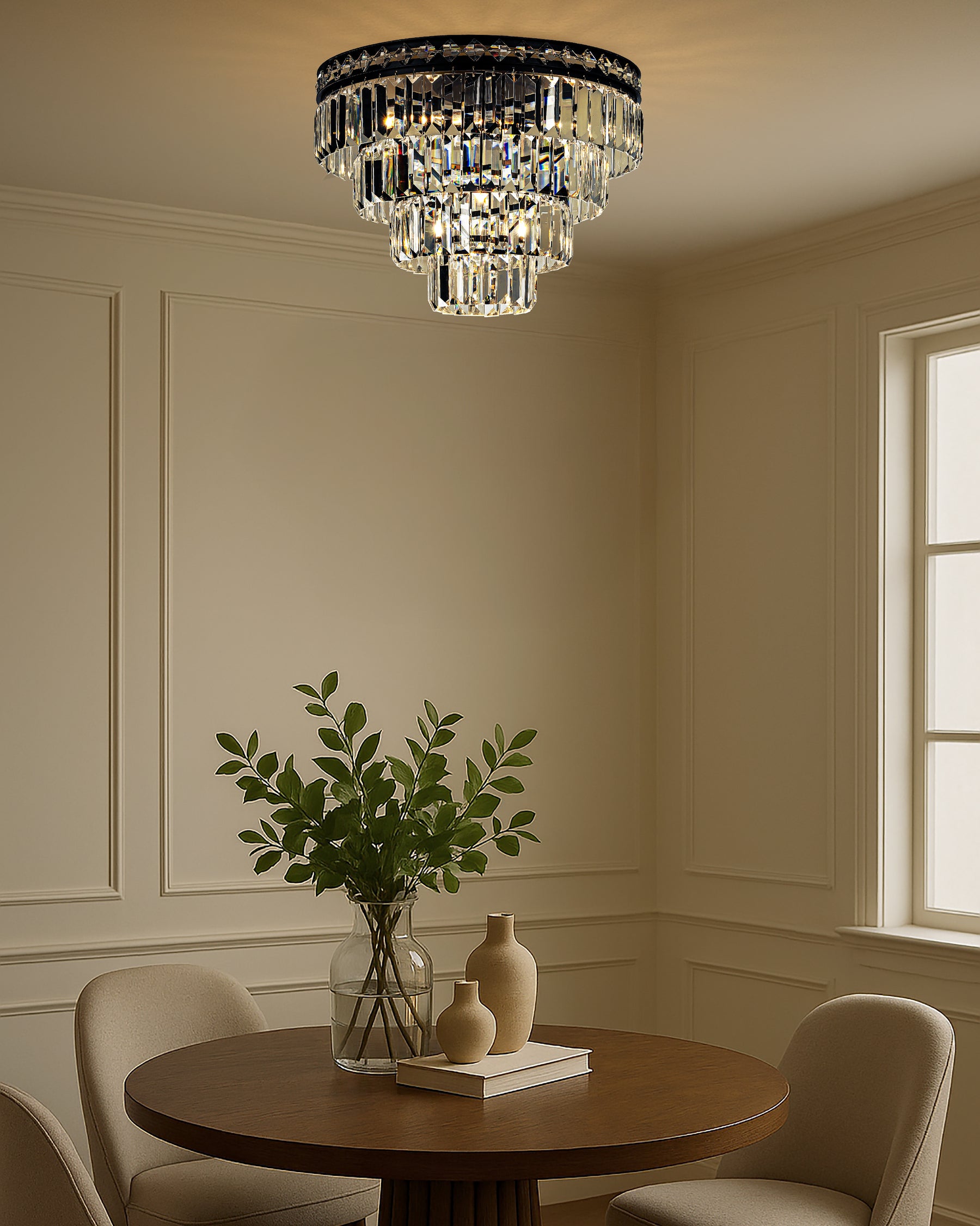 18'' Modern Classic Crystal Flush Mount With Matte Black Finish 4-Light Tiered Ceiling Light For Dining Room Foyer Bedroom