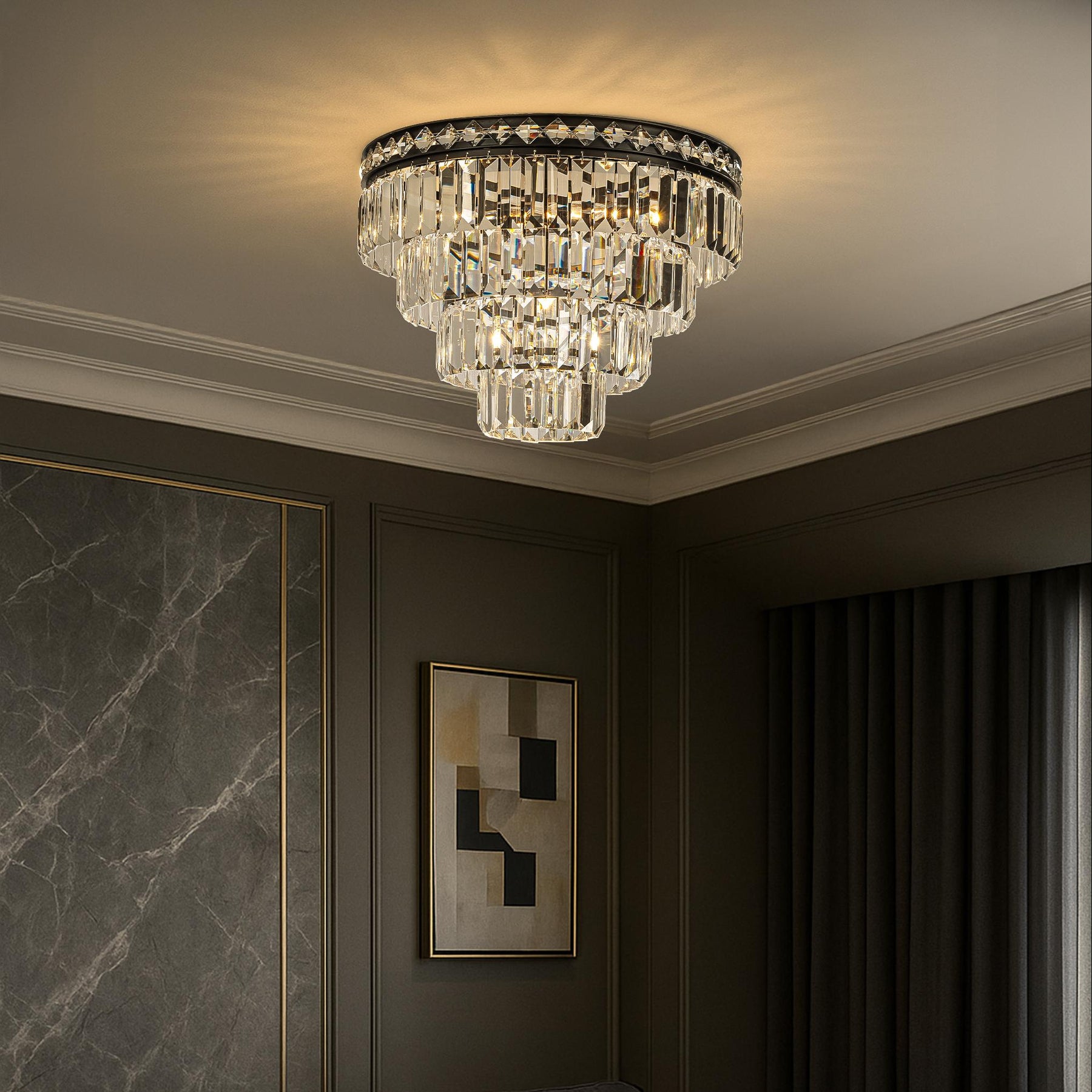 18'' Modern Classic Crystal Flush Mount With Matte Black Finish 4-Light Tiered Ceiling Light For Dining Room Foyer Bedroom