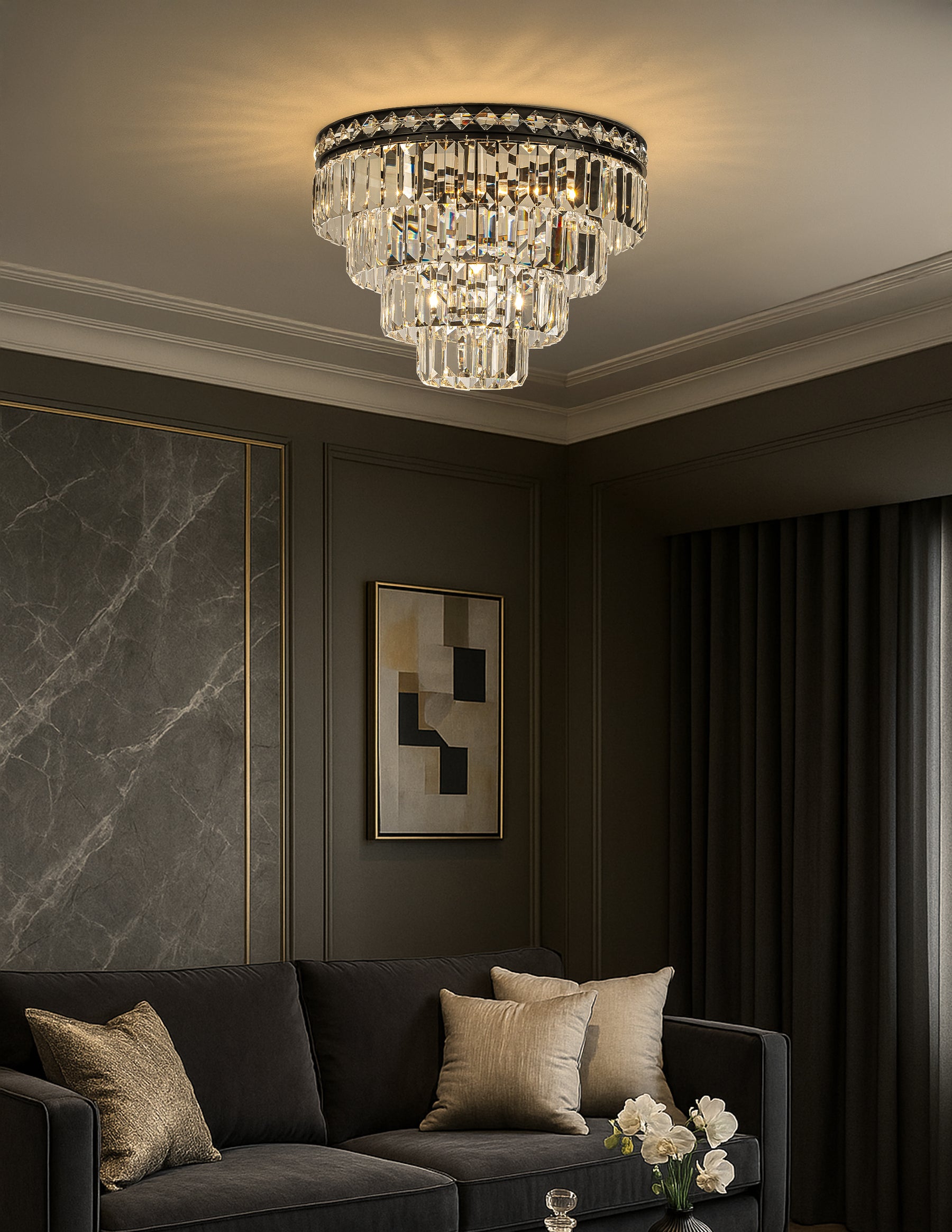 18'' Modern Classic Crystal Flush Mount With Matte Black Finish 4-Light Tiered Ceiling Light For Dining Room Foyer Bedroom