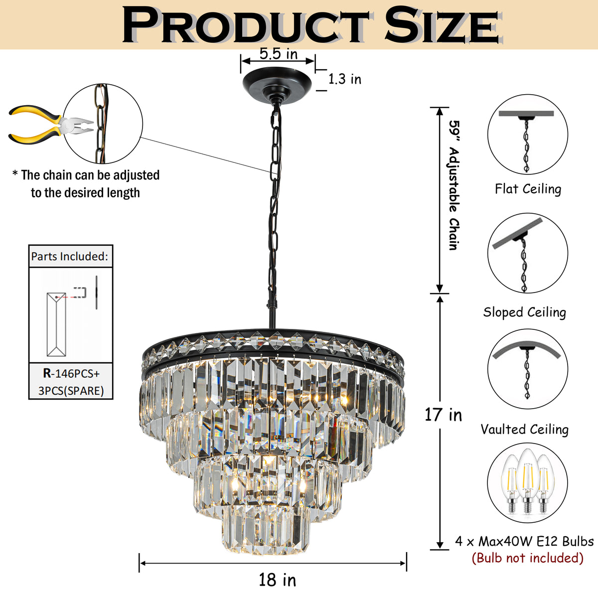 18'' Modern Classic Crystal Chandelier With Matte Black Finish 4-Light Tiered Pendant Ceiling Light For Dining Room Foyer Bedroom