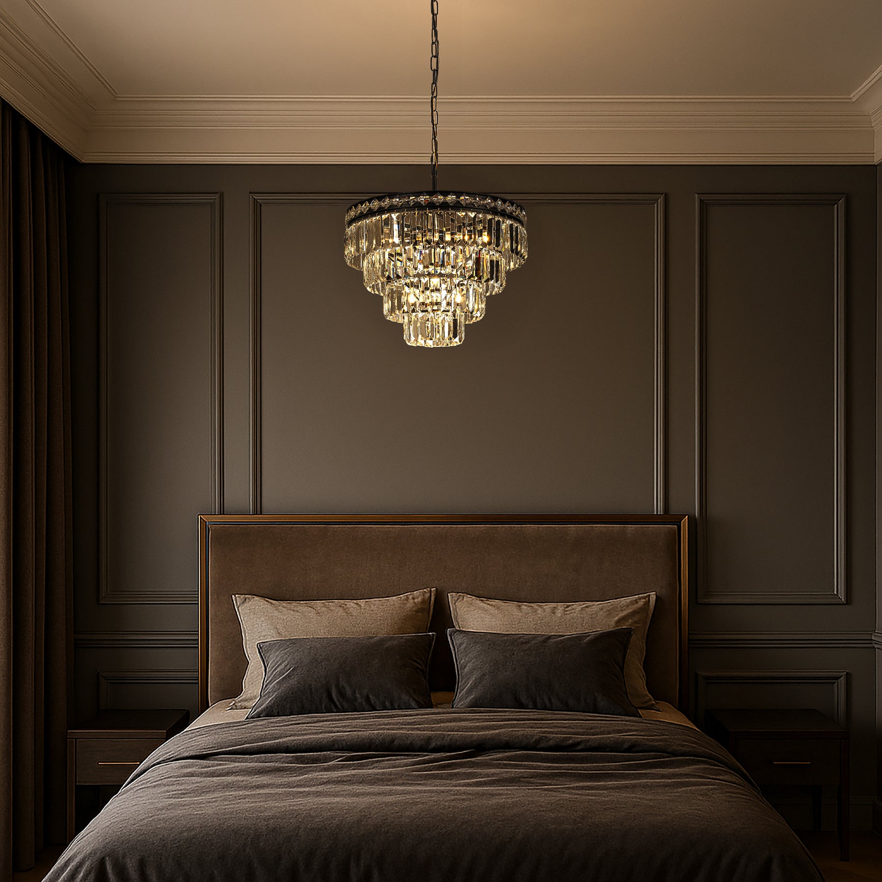 18'' Modern Classic Crystal Chandelier With Matte Black Finish 4-Light Tiered Pendant Ceiling Light For Dining Room Foyer Bedroom