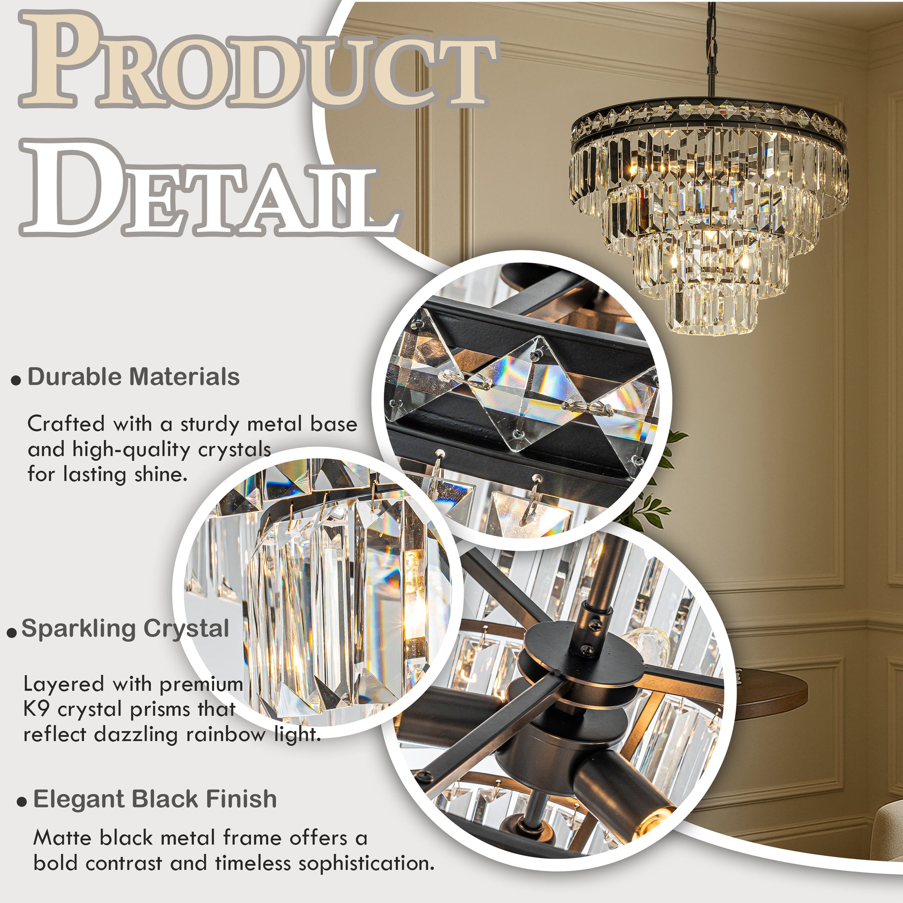 18'' Modern Classic Crystal Chandelier With Matte Black Finish 4-Light Tiered Pendant Ceiling Light For Dining Room Foyer Bedroom