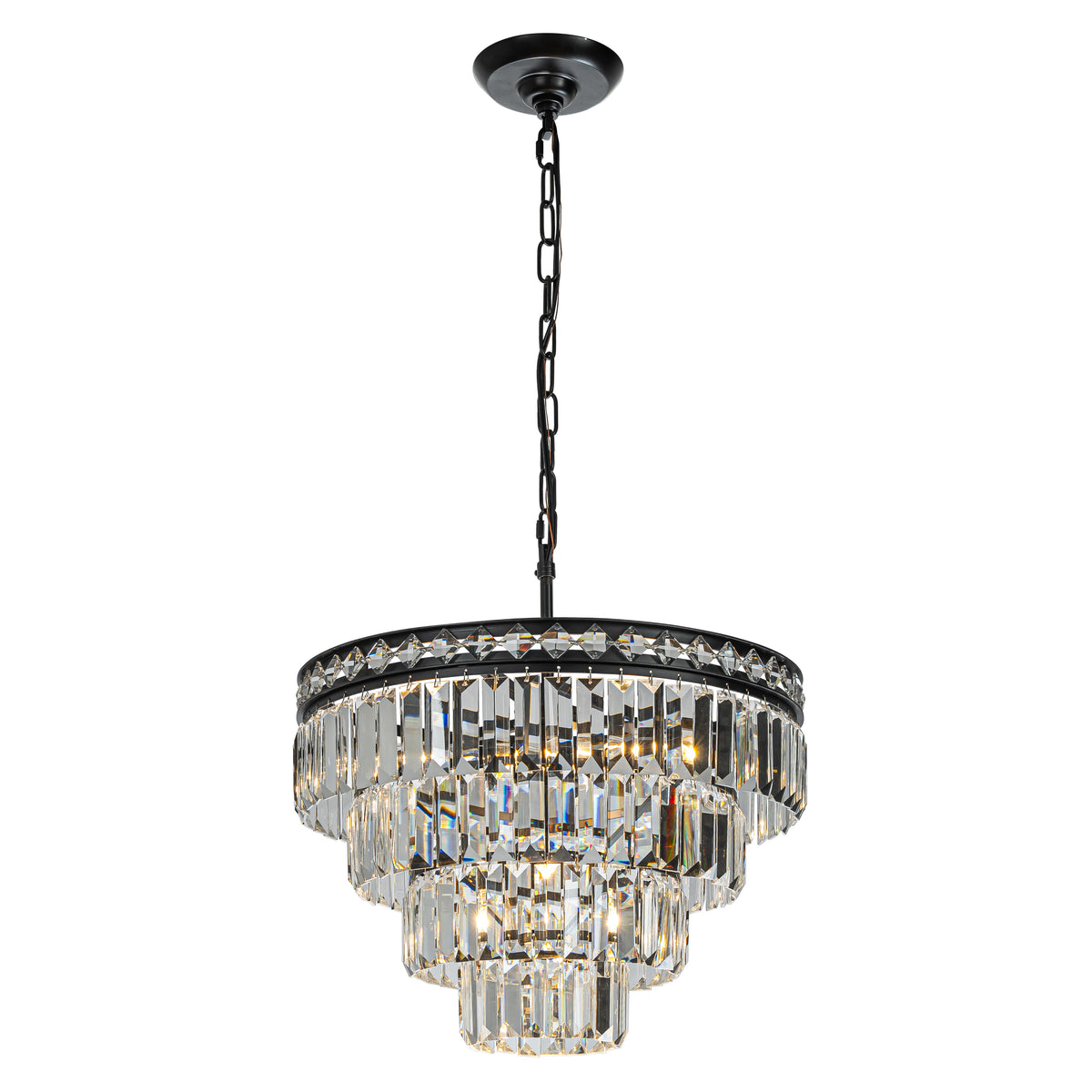 18'' Modern Classic Crystal Chandelier With Matte Black Finish 4-Light Tiered Pendant Ceiling Light For Dining Room Foyer Bedroom