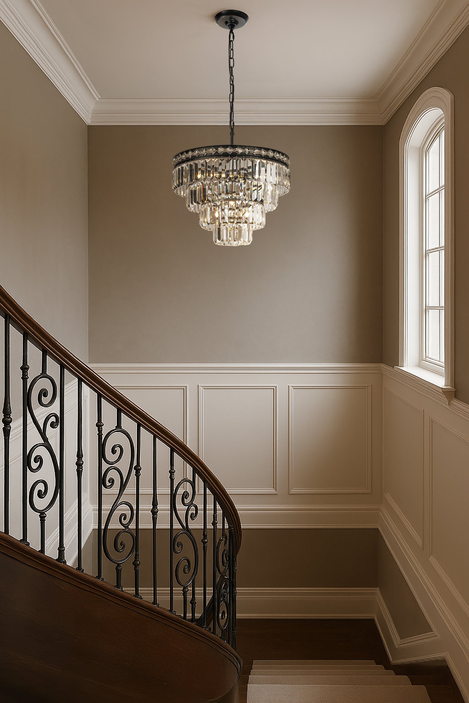 18'' Modern Classic Crystal Chandelier With Matte Black Finish 4-Light Tiered Pendant Ceiling Light For Dining Room Foyer Bedroom