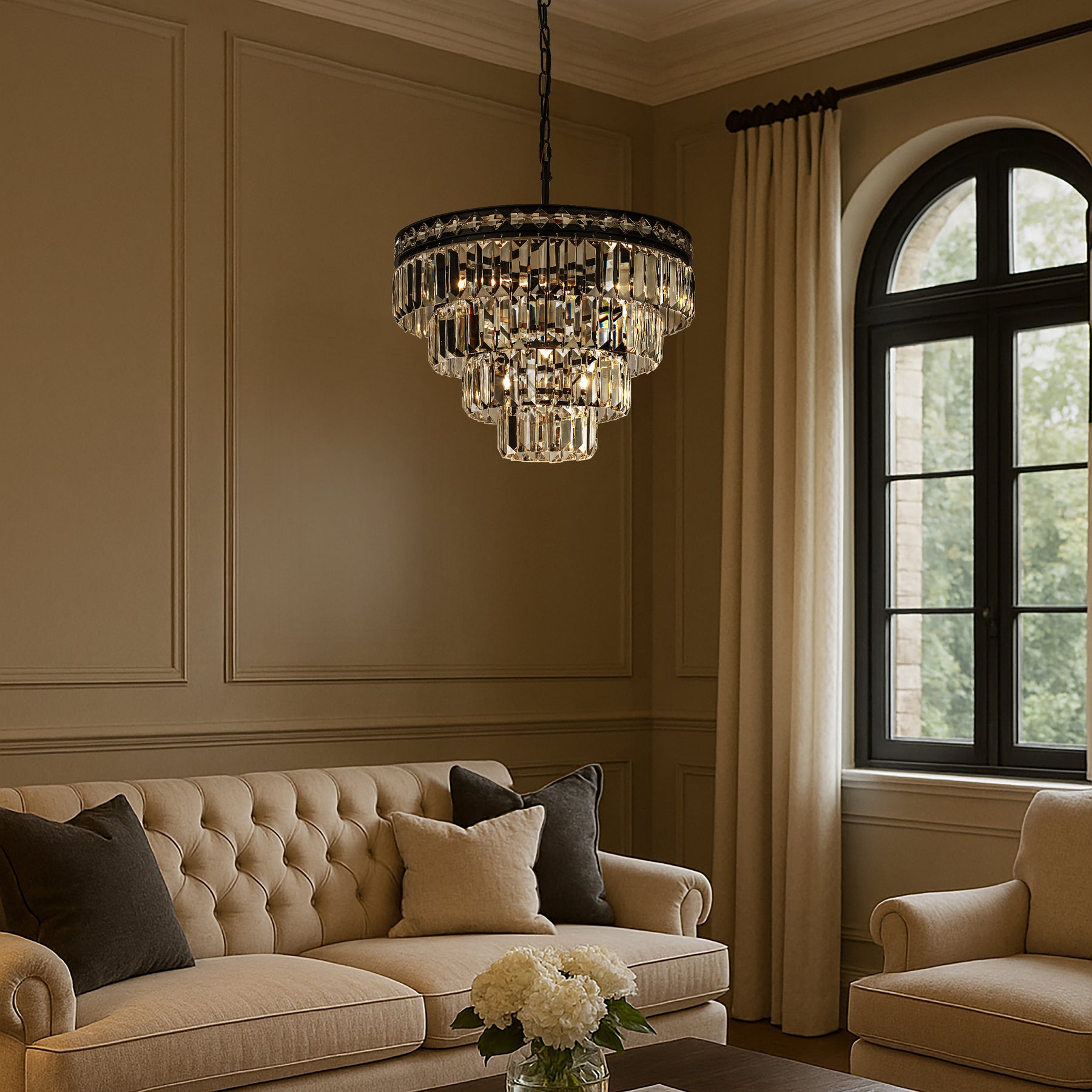 18'' Modern Classic Crystal Chandelier With Matte Black Finish 4-Light Tiered Pendant Ceiling Light For Dining Room Foyer Bedroom