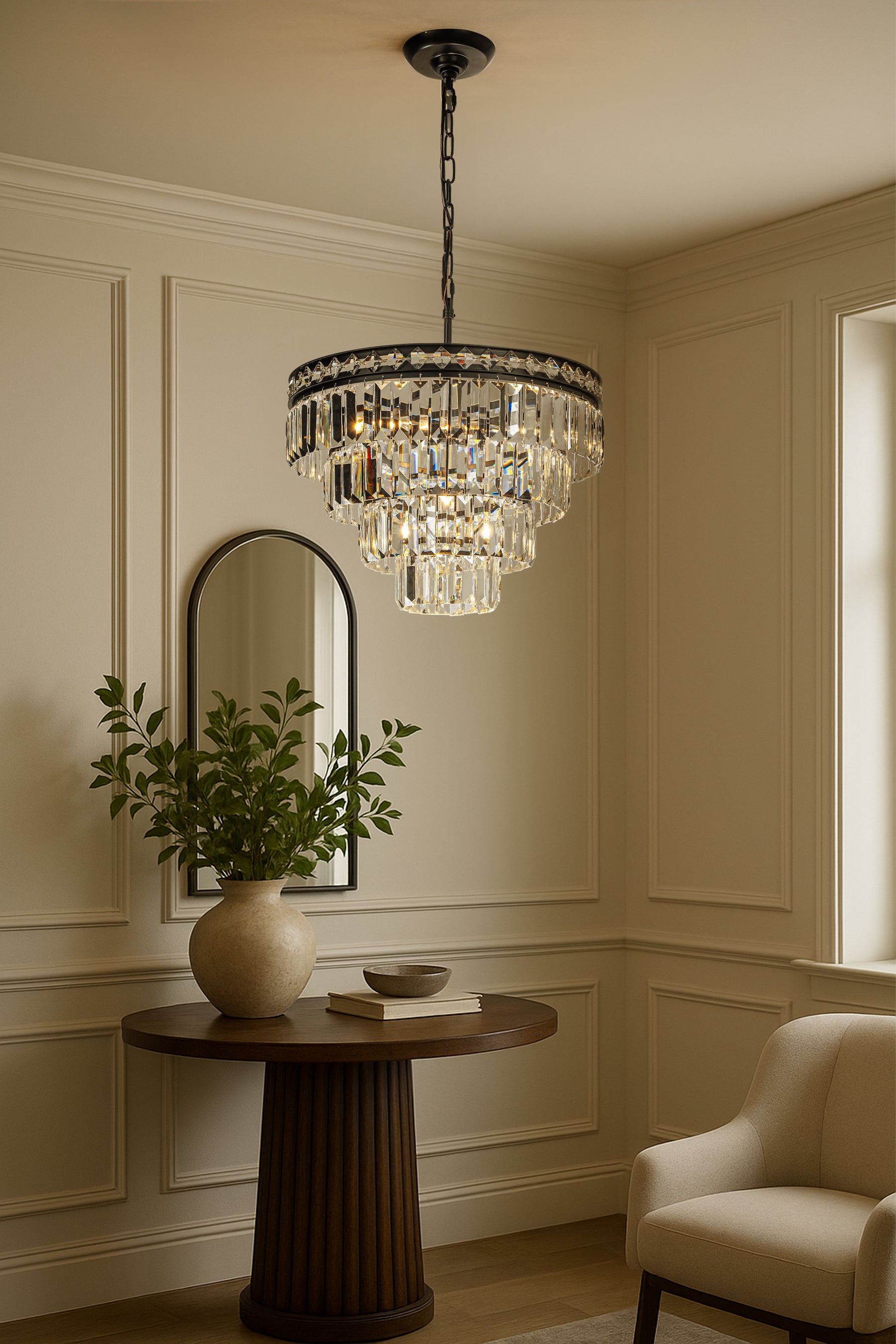 18'' Modern Classic Crystal Chandelier With Matte Black Finish 4-Light Tiered Pendant Ceiling Light For Dining Room Foyer Bedroom