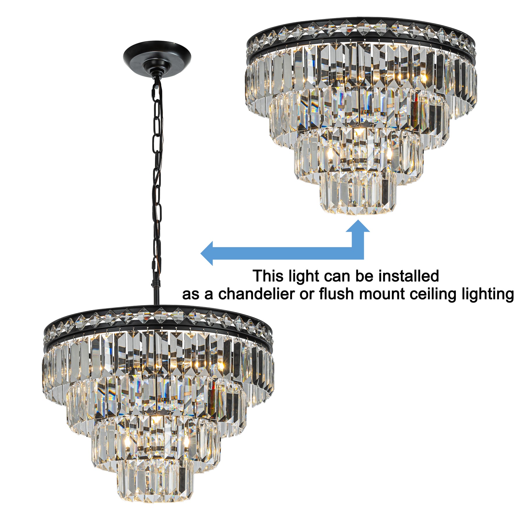 18'' Modern Classic Crystal Chandelier With Matte Black Finish 4-Light Tiered Pendant Ceiling Light For Dining Room Foyer Bedroom