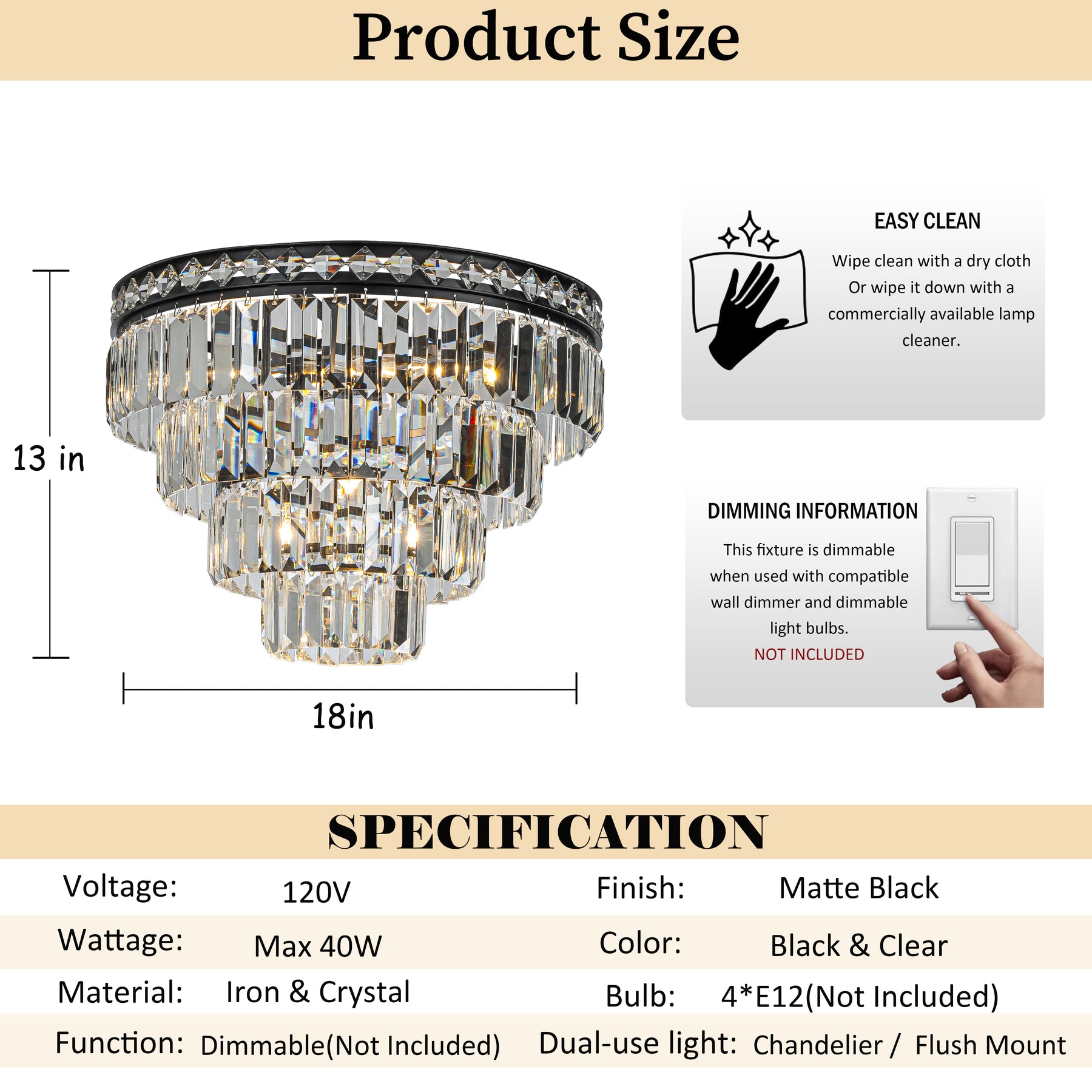 18'' Modern Classic Crystal Flush Mount With Matte Black Finish 4-Light Tiered Ceiling Light For Dining Room Foyer Bedroom