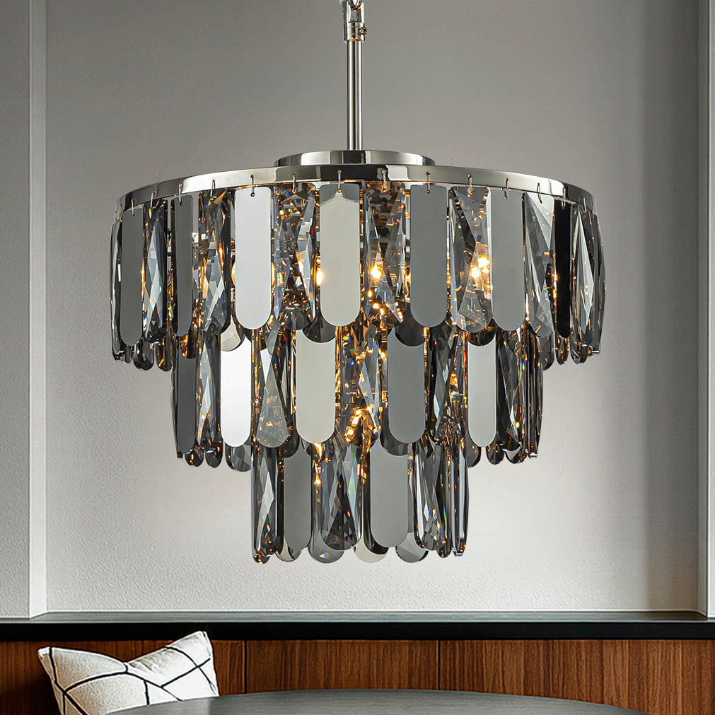 4-Light Dimmable Modern 3-Tier Smoked Crystal Chandelier 14" Contemporary Round Polished Nickel Pendant Light Fixture for Dining Room Bedroom