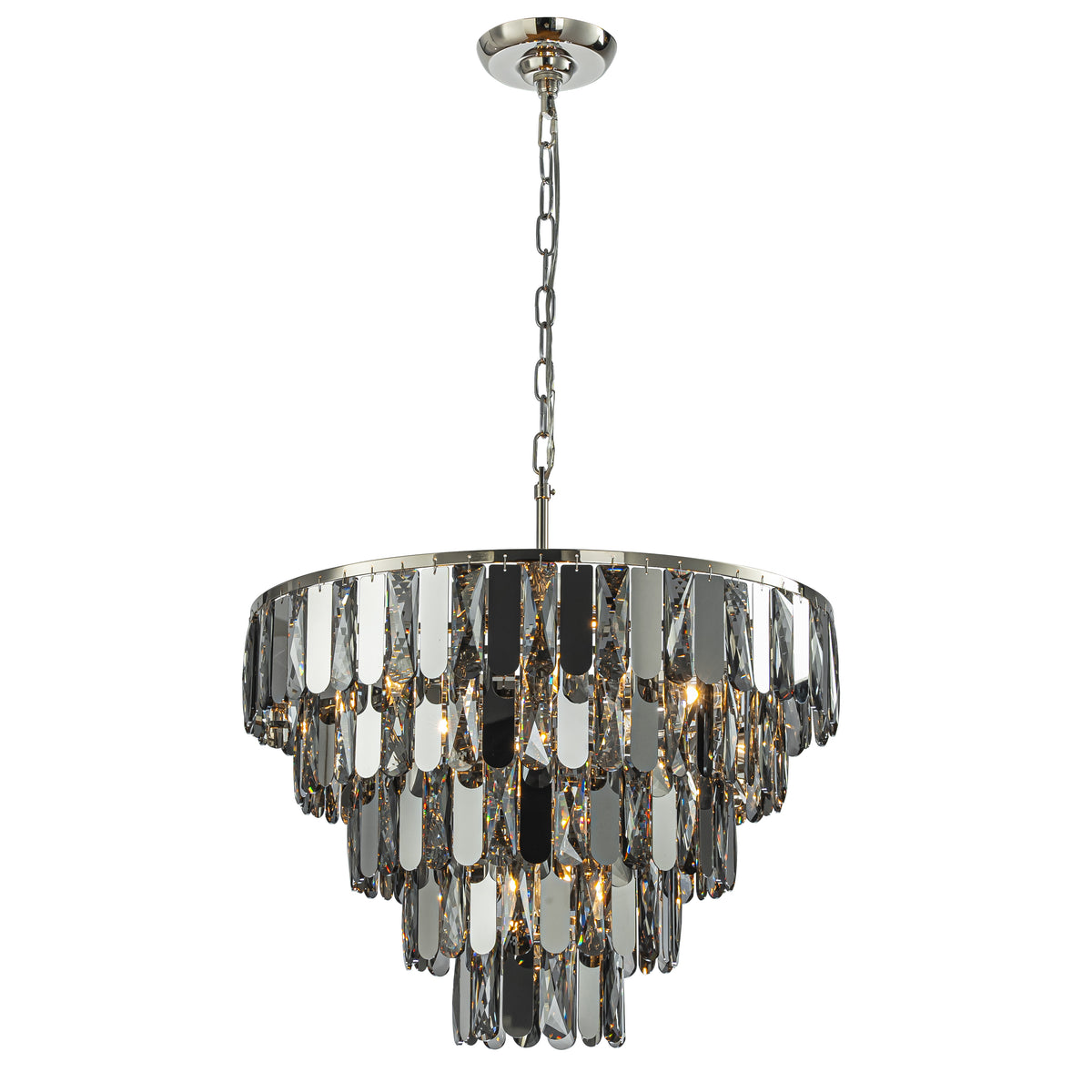 6-Light Dimmable 5-Tier Smoked Crystal Chandelier 22" Modern Pendant Light Fixture with Polished Nickel Finish and Stainless Steel Accents for Dining Room, Living Room