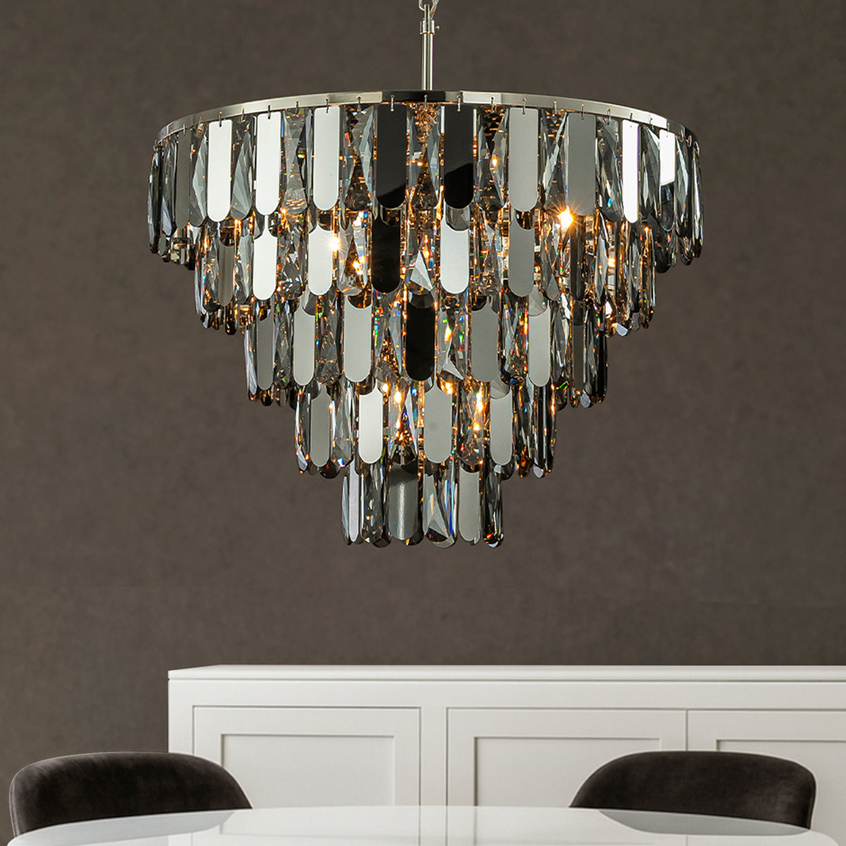 6-Light Dimmable 5-Tier Smoked Crystal Chandelier 22" Modern Pendant Light Fixture with Polished Nickel Finish and Stainless Steel Accents for Dining Room, Living Room