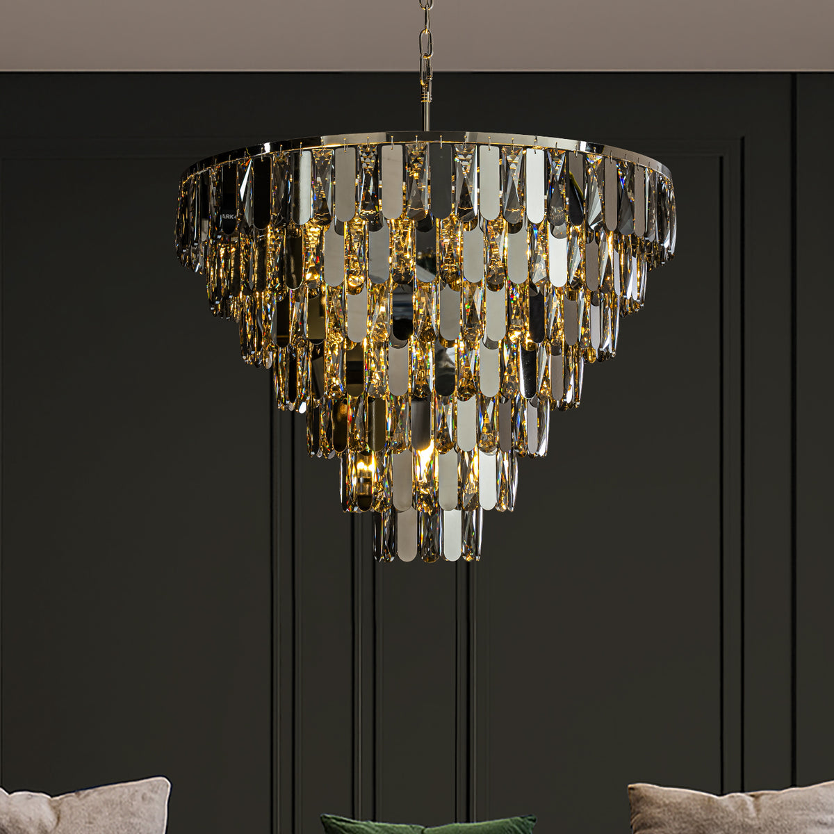 28" 12-Light Dimmable 7-Tier Smoked Crystal Chandelier Large Modern Luxury Pendant Light with Polished Nickel Finish and Stainless Steel Accents for Dining Room, Living Room