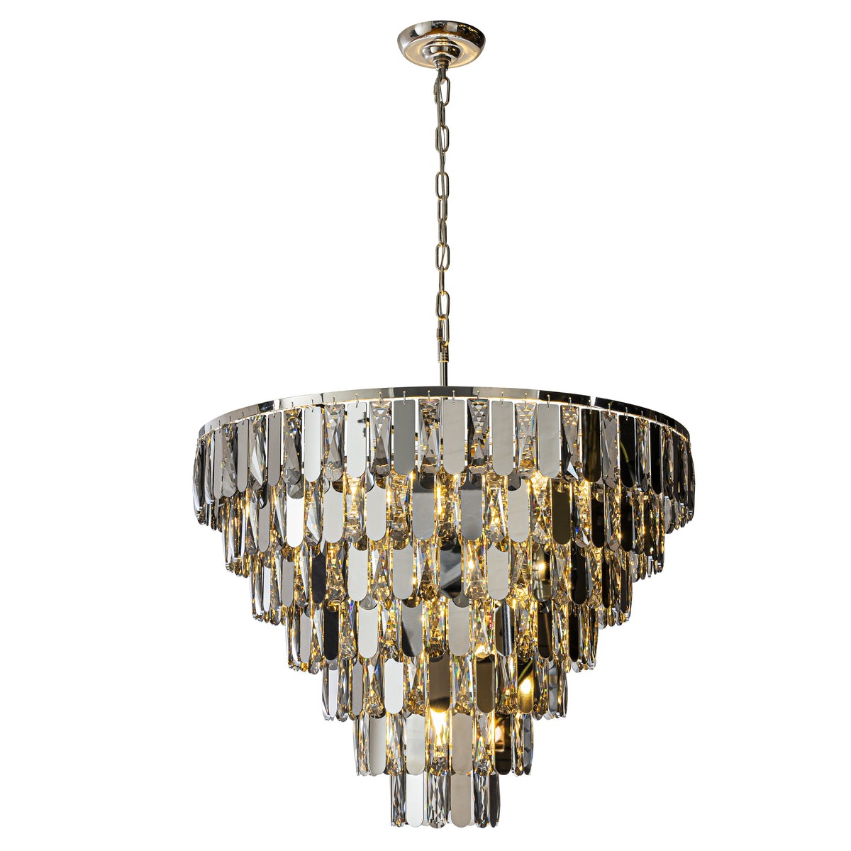 28" 12-Light Dimmable 7-Tier Smoked Crystal Chandelier Large Modern Luxury Pendant Light with Polished Nickel Finish and Stainless Steel Accents for Dining Room, Living Room