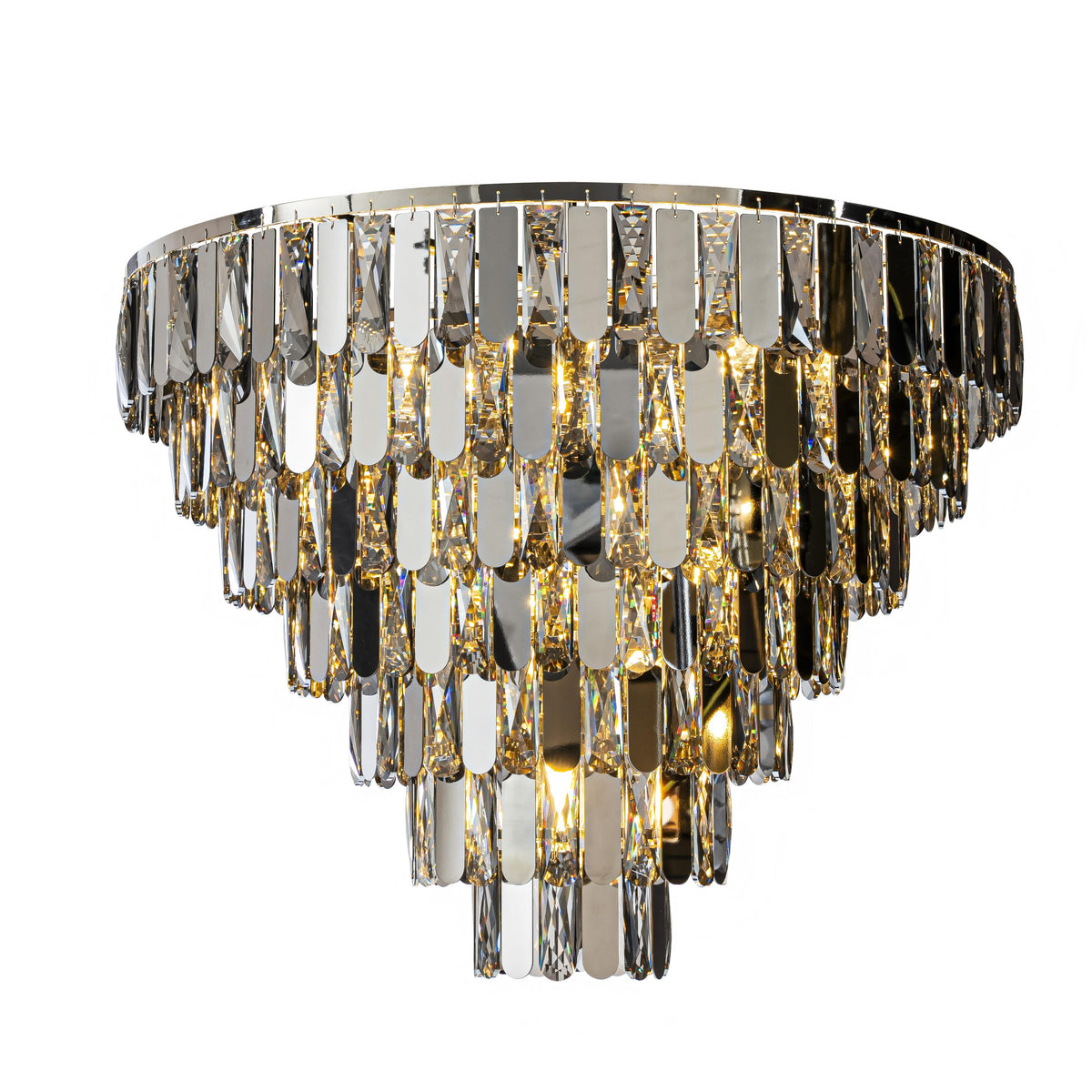 28" 12-Light Dimmable 7-Tier Smoked Crystal Flush Mount Ceiling Light Low Profile Luxury Fixture with Polished Nickel Finish and Stainless Steel Accents for Living Room, Dining Room