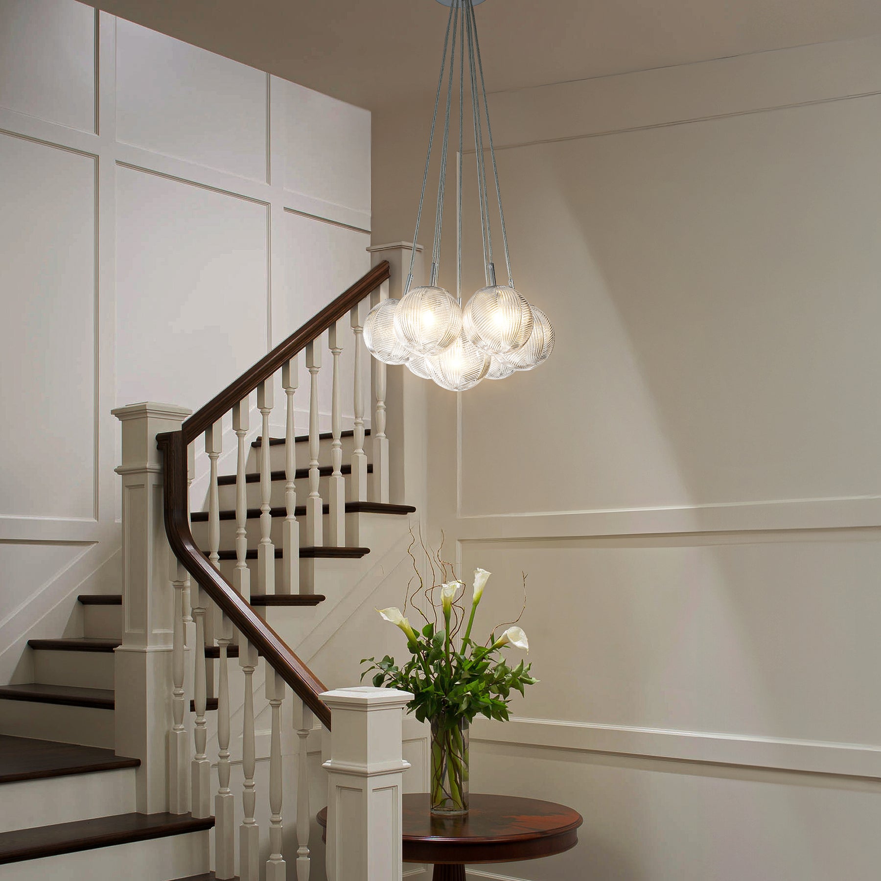 7-Light Modern Glam Polished Chrome Globe Cluster Pendant With Clear Ribbed Glass Bubble Shades For Dining Room Living Room