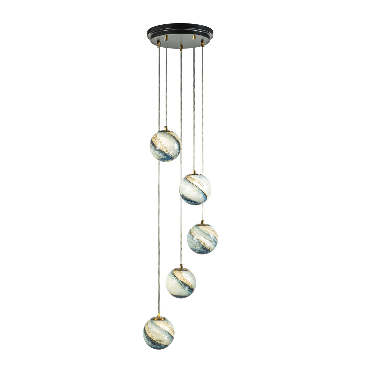 12'' 5-Light Modern Glazed Glass Globe Staircase Chandelier Coastal Handcrafted Glass Pendant In Matte Black For Foyer Entryway