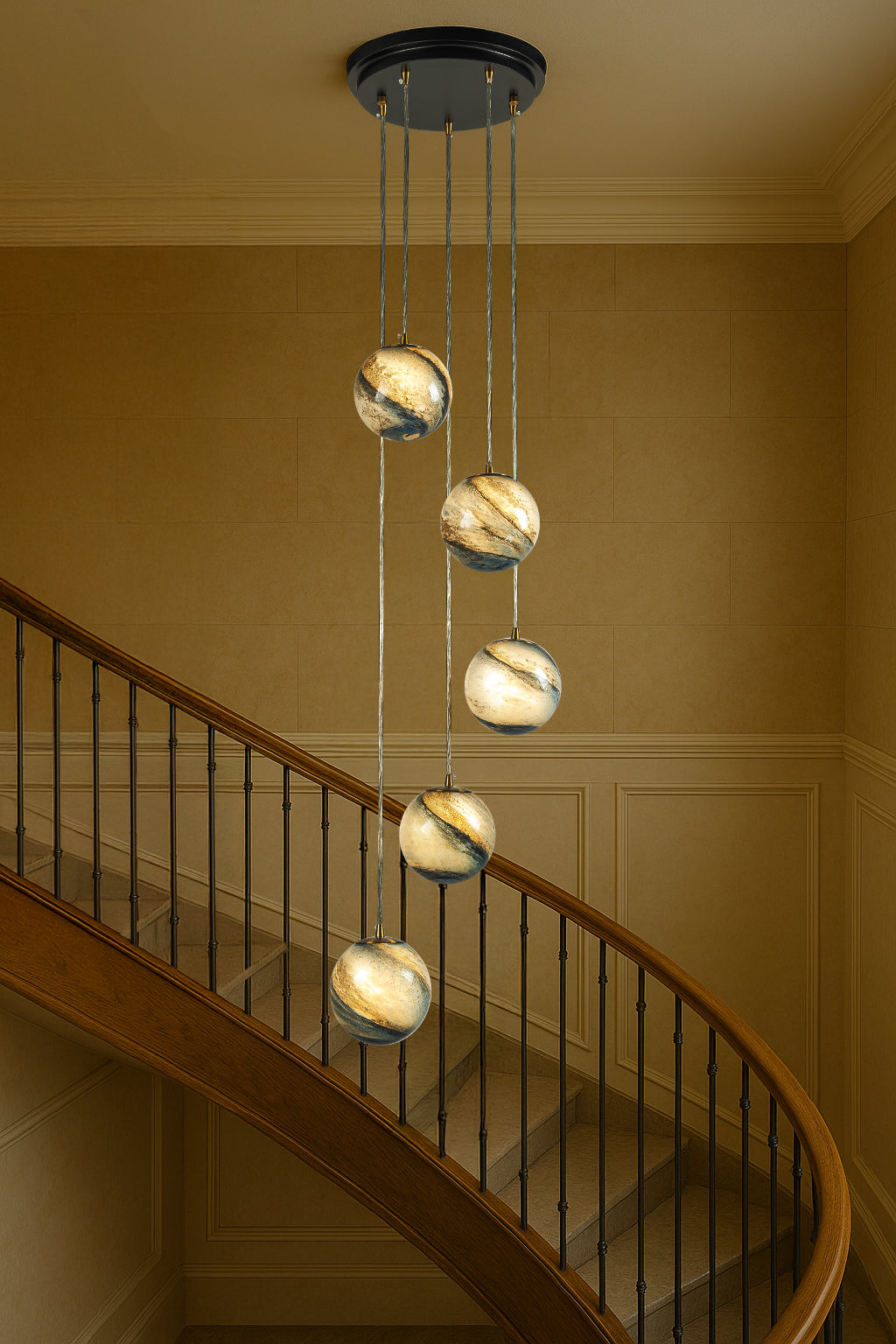 12'' 5-Light Modern Glazed Glass Globe Staircase Chandelier Coastal Handcrafted Glass Pendant In Matte Black For Foyer Entryway