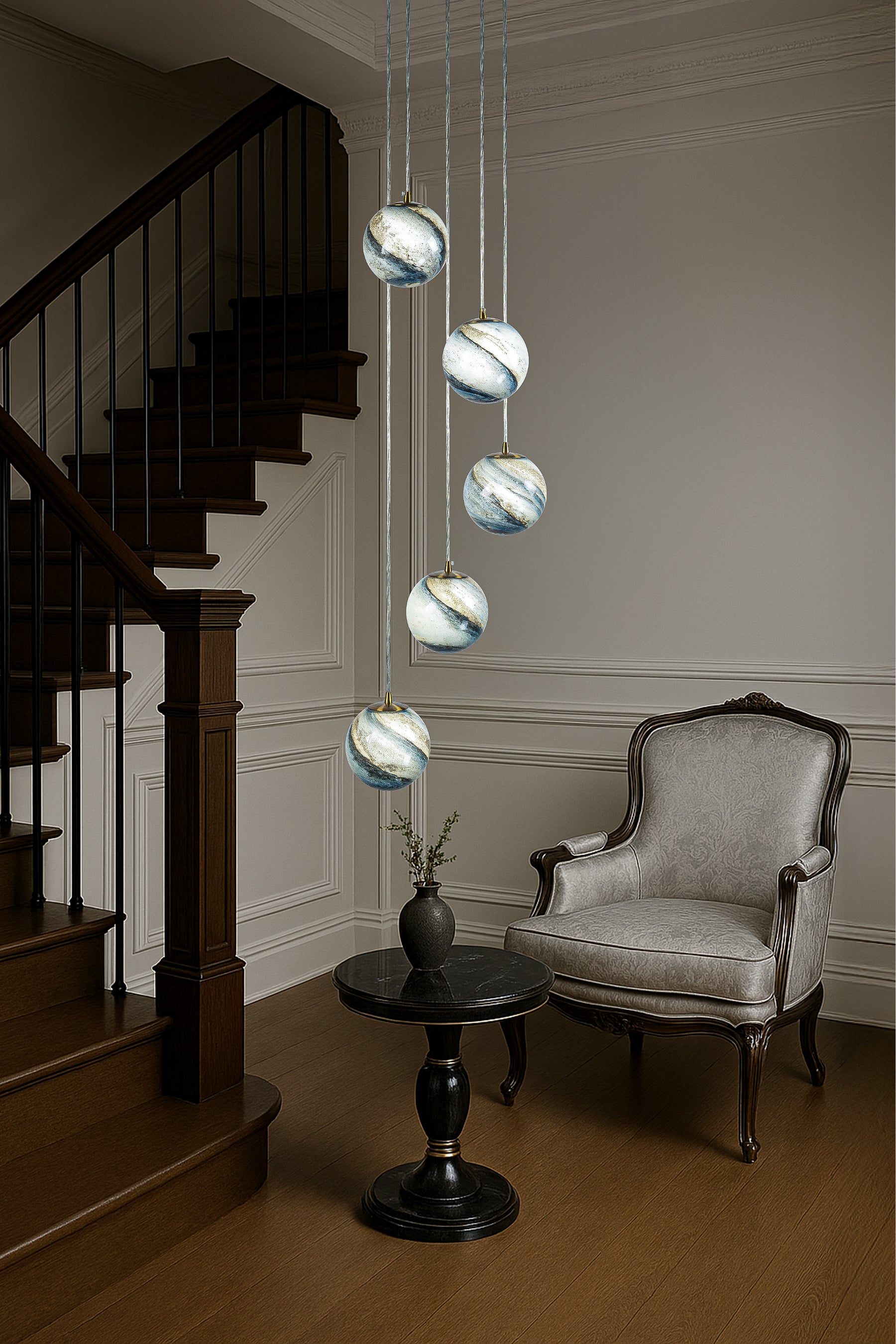 12'' 5-Light Modern Glazed Glass Globe Staircase Chandelier Coastal Handcrafted Glass Pendant In Matte Black For Foyer Entryway
