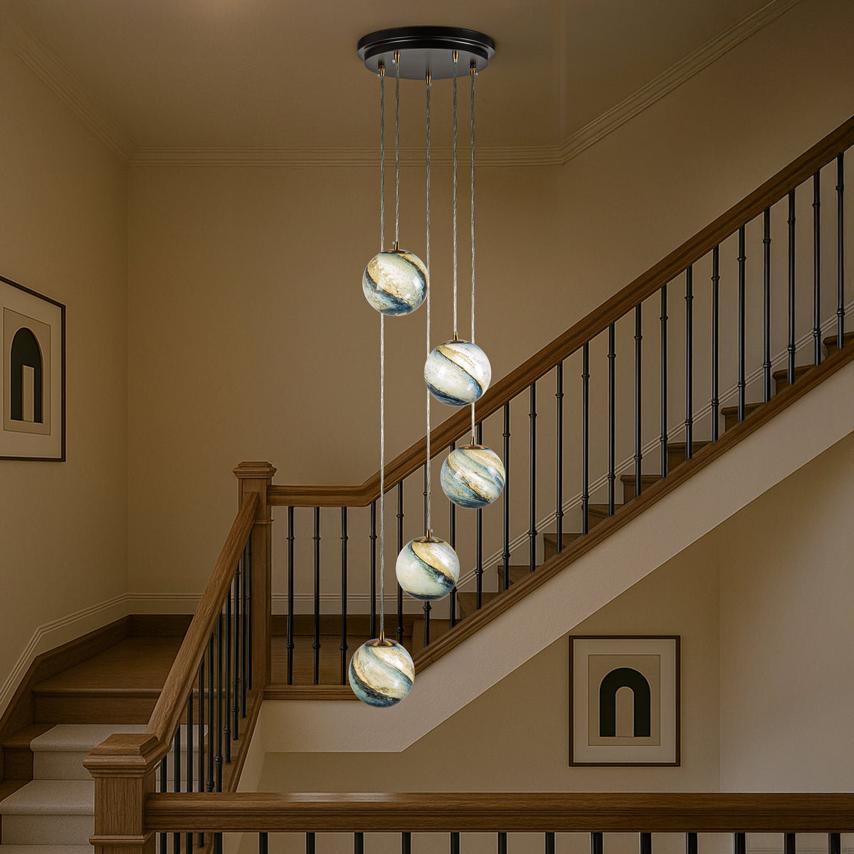 12'' 5-Light Modern Glazed Glass Globe Staircase Chandelier Coastal Handcrafted Glass Pendant In Matte Black For Foyer Entryway