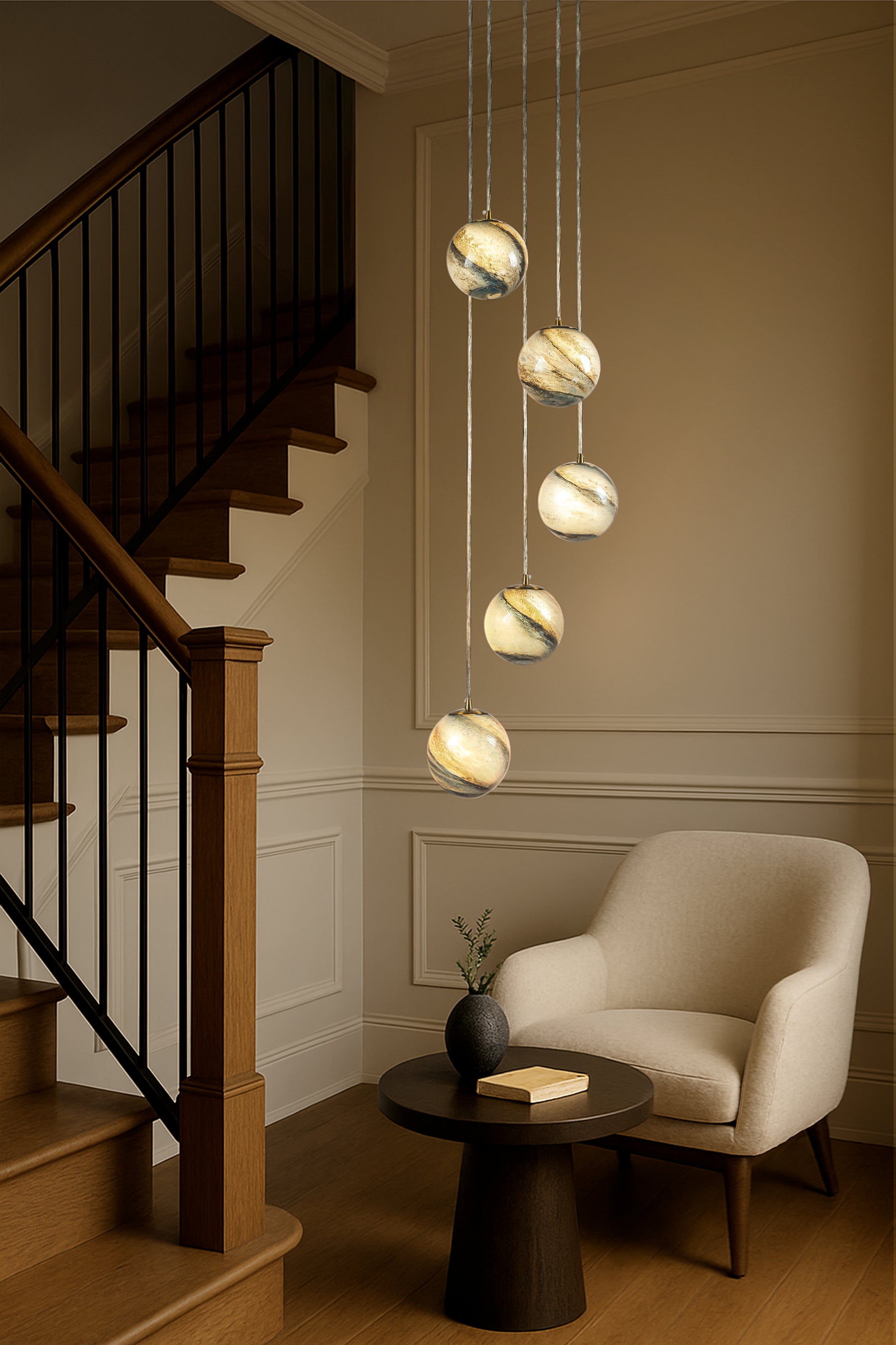 12'' 5-Light Modern Glazed Glass Globe Staircase Chandelier Coastal Handcrafted Glass Pendant In Matte Black For Foyer Entryway