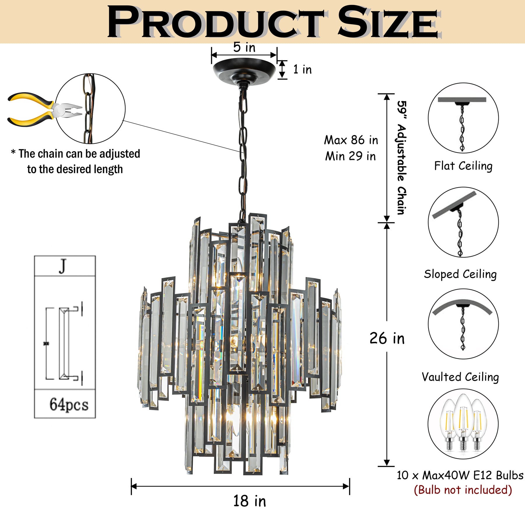 10-Light 18" Wide Modern and Contemporary Luxury Black Metal with Clear Crystal Chandelier for Dining Room, Living Room, Foyer, Entryway