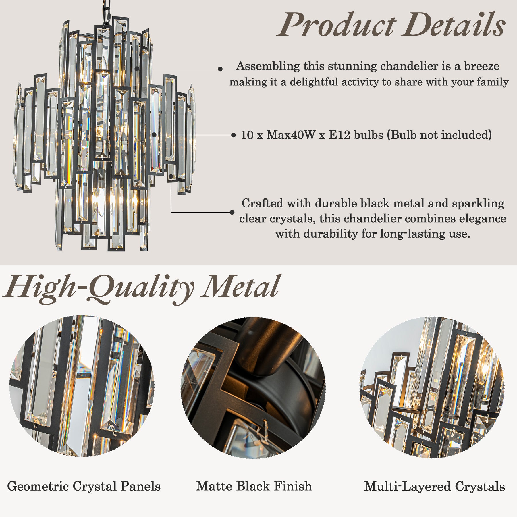 10-Light 18" Wide Modern and Contemporary Luxury Black Metal with Clear Crystal Chandelier for Dining Room, Living Room, Foyer, Entryway