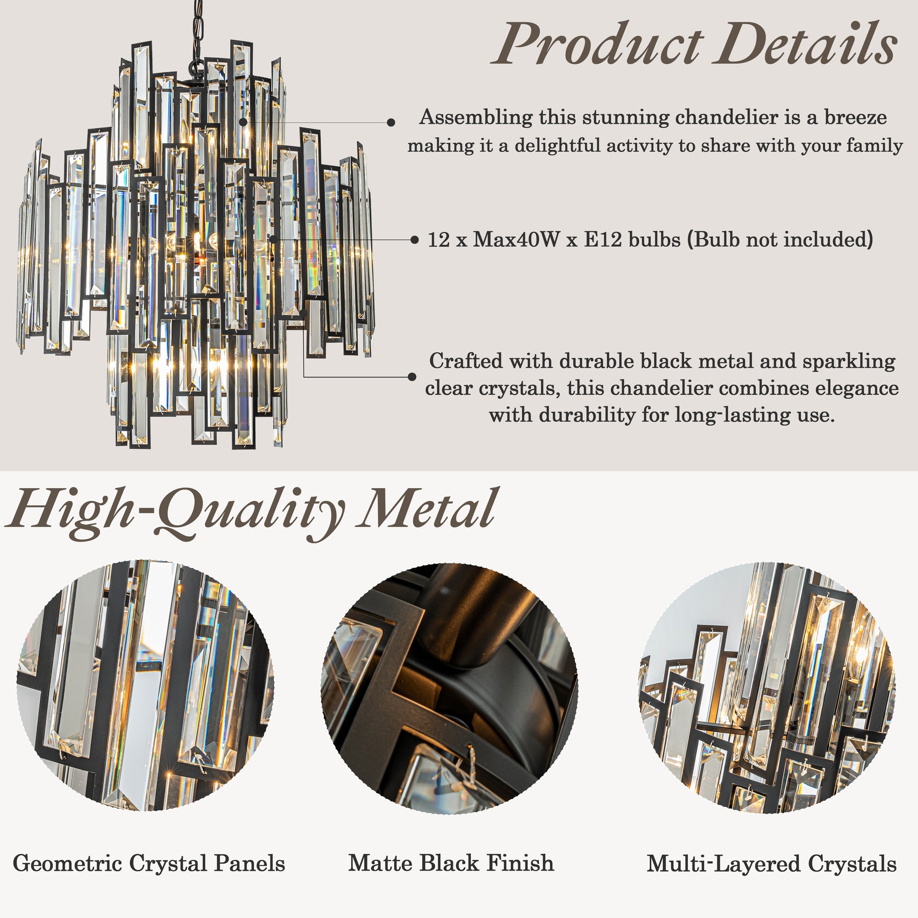 12-Light 23" Wide Modern and Contemporary Luxury Black Metal with Clear Crystal Chandelier for Dining Room, Living Room, Foyer, Entryway