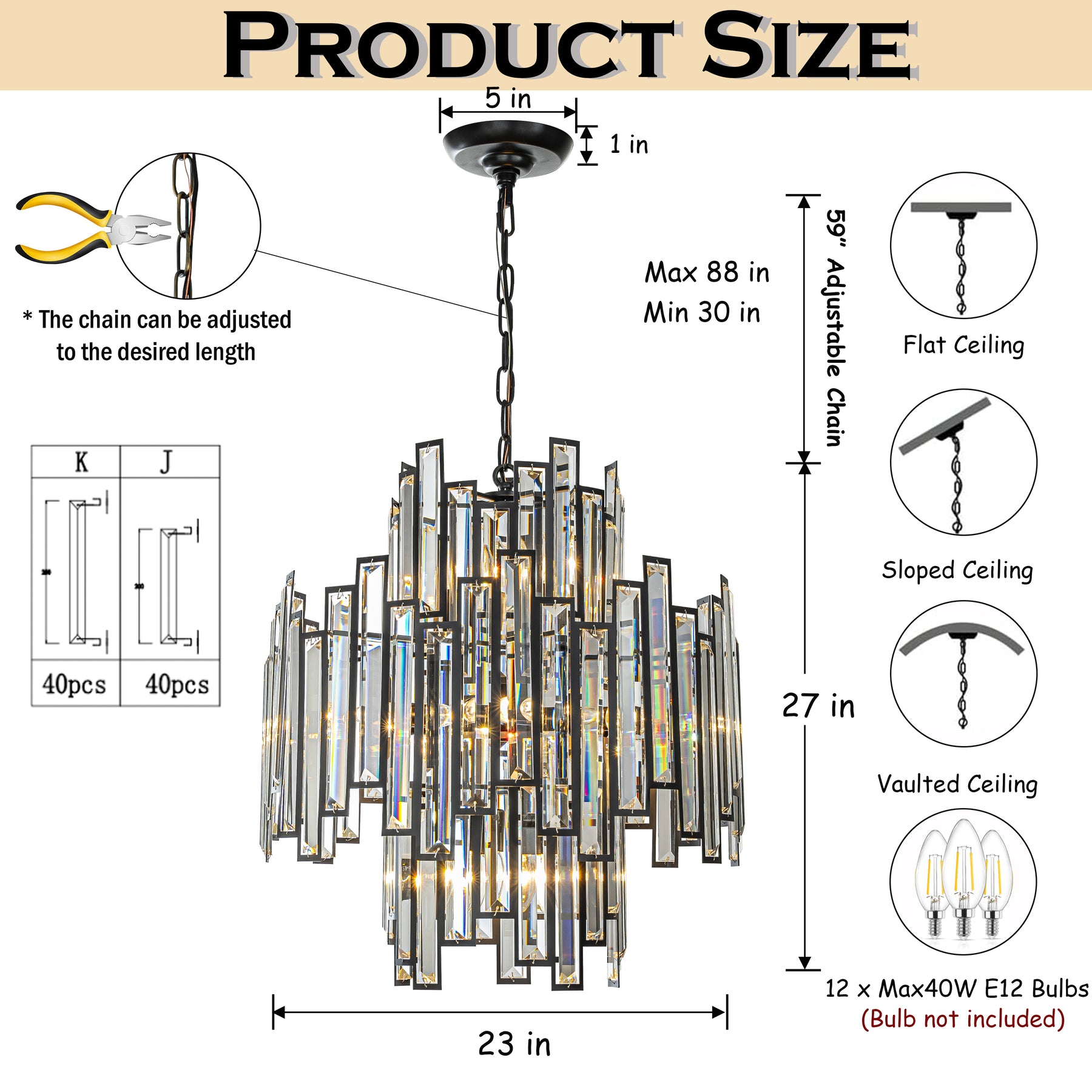 12-Light 23" Wide Modern and Contemporary Luxury Black Metal with Clear Crystal Chandelier for Dining Room, Living Room, Foyer, Entryway