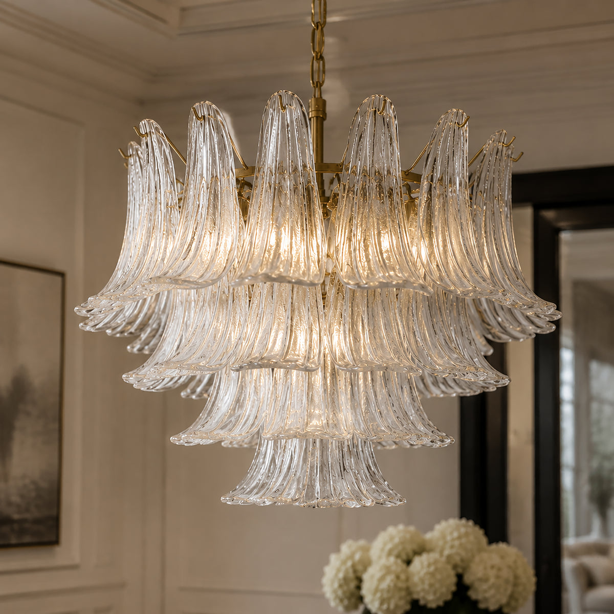 24'' Wide Vintage Mid-Century Modern Chandelier 4-Light 4-Tier Clear Art Glass Pendant With Antique Bronze Finish For Living Room, Dining Room