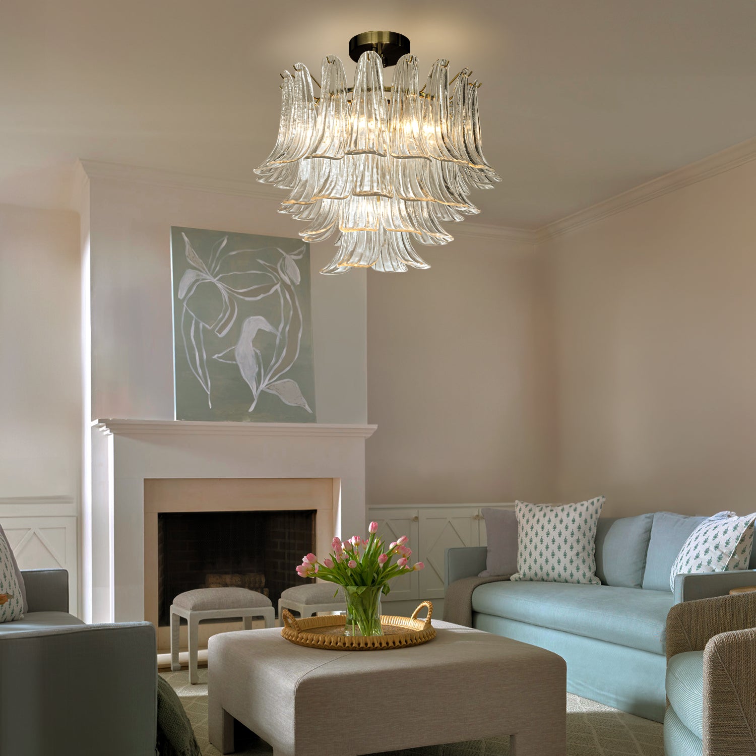 W24 in 4-Light Vintage Mid-Century Modern Close to Ceiling Light 4-Tier Clear Art Glass Glam Flush Mount Ceiling Light in Antique Bronze