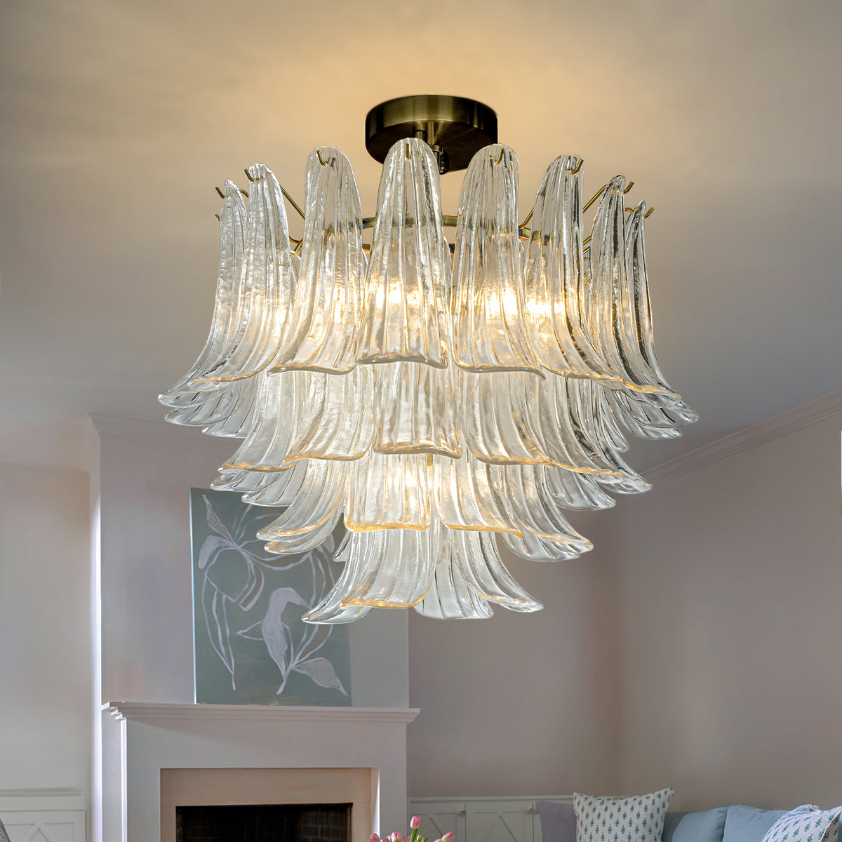 W24 in 4-Light Vintage Mid-Century Modern Close to Ceiling Light 4-Tier Clear Art Glass Glam Flush Mount Ceiling Light in Antique Bronze