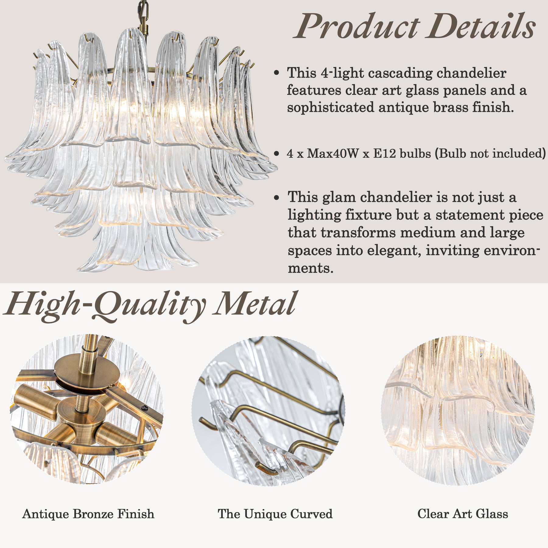 24'' Wide Vintage Mid-Century Modern Chandelier 4-Light 4-Tier Clear Art Glass Pendant With Antique Bronze Finish For Living Room, Dining Room