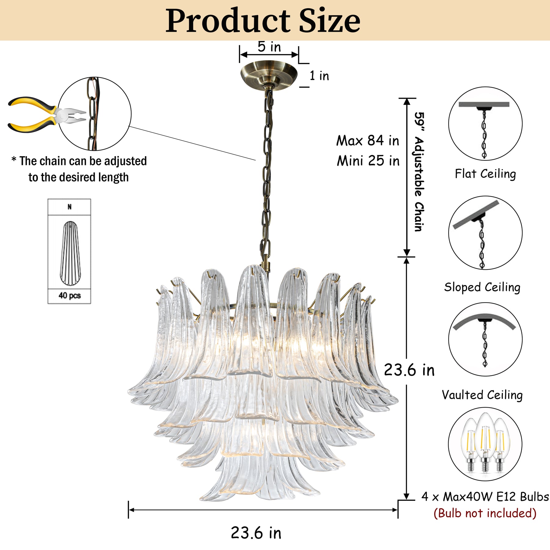 24'' Wide Vintage Mid-Century Modern Chandelier 4-Light 4-Tier Clear Art Glass Pendant With Antique Bronze Finish For Living Room, Dining Room