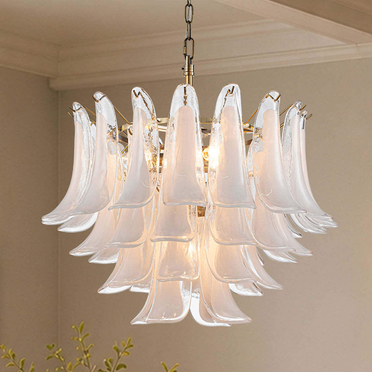 24'' Wide Vintage Mid-Century Modern Chandelier 4-Light 4-Tier White Art Glass Pendant With Antique Bronze Finish For Living Room, Dining Room