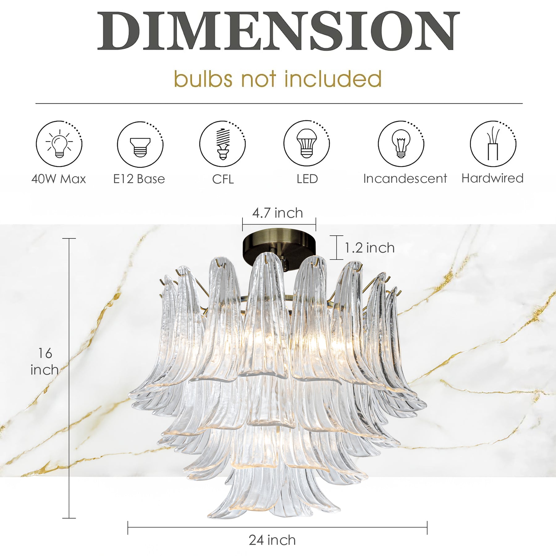 W24 in 4-Light Vintage Mid-Century Modern Close to Ceiling Light 4-Tier Clear Art Glass Glam Flush Mount Ceiling Light in Antique Bronze
