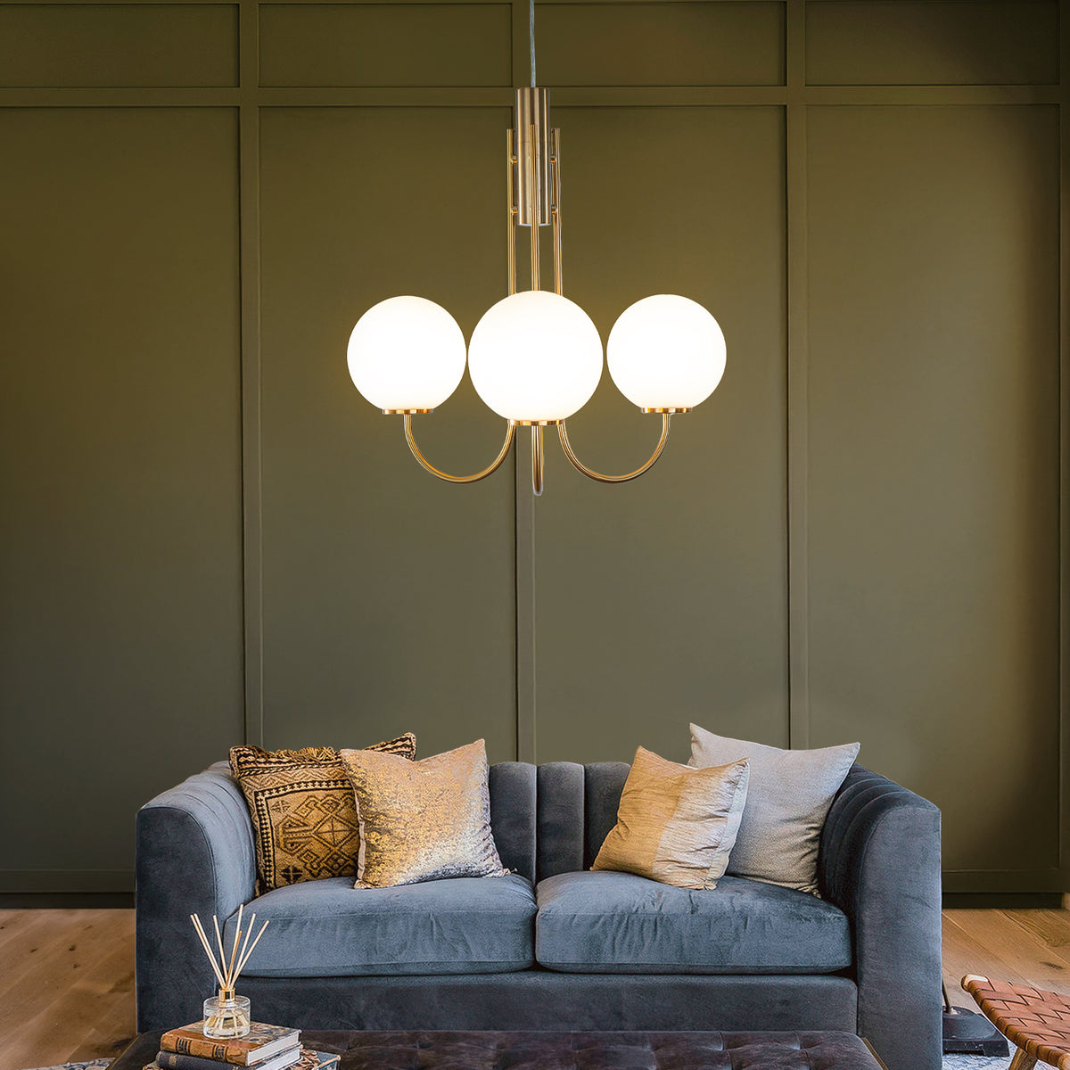 3-Light 25'' Wide Mid-Century Modern Glass Globe Bubble Chandelier Vintage Sputnik Aged Brass Opal Glass Pendant Light For Living Room Dining Room