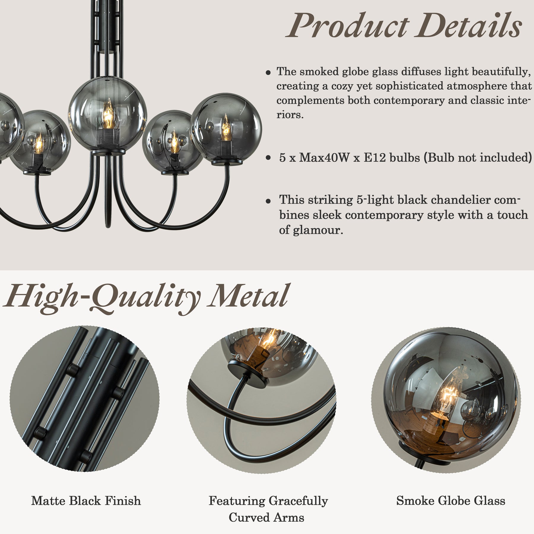 5-Light 32'' Wide Modern Glam Smoked Glass Globe Bubble Chandelier Contemporary Sputnik Black Hand Blown Glass Pendant Light For Living Room And Kitchen
