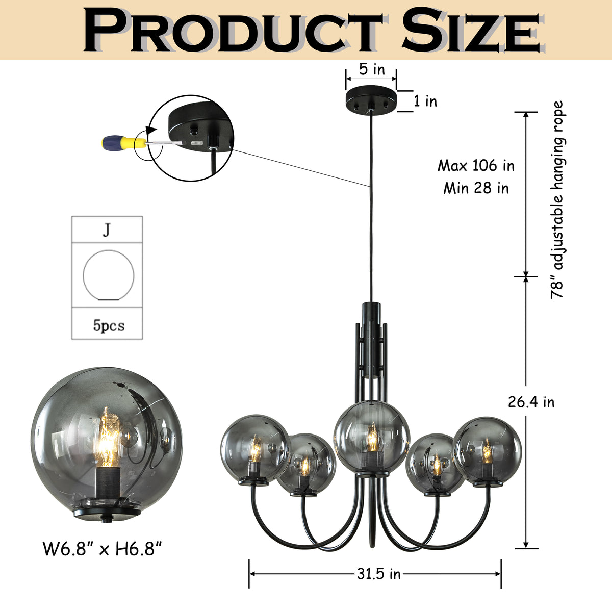 5-Light 32'' Wide Modern Glam Smoked Glass Globe Bubble Chandelier Contemporary Sputnik Black Hand Blown Glass Pendant Light For Living Room And Kitchen