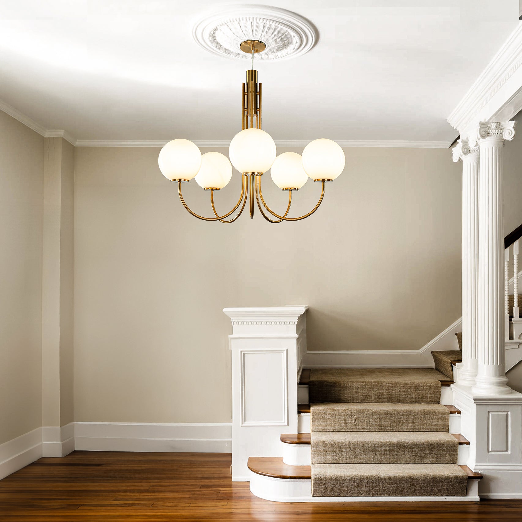 5-Light 32'' Wide Mid-Century Modern Glass Globe Bubble Chandelier Vintage Sputnik Aged Brass Opal Glass Pendant Light For Living Room And Kitchen